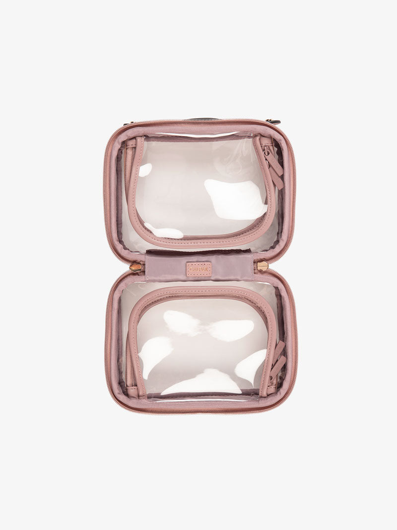 CALPAK small transparent cosmetics case with zippered compartments in pink; CCM2001-MAUVE