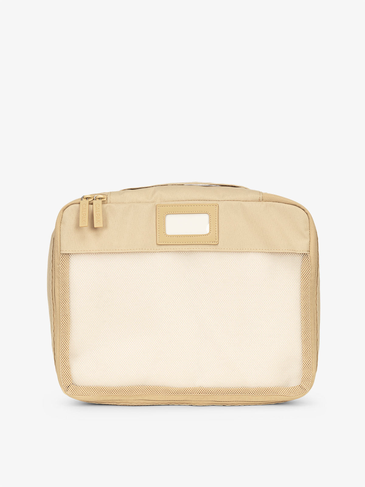 CALPAK luggage packing cubes for clothes with mesh front and label in oatmeal beige; PC1601-OATMEAL