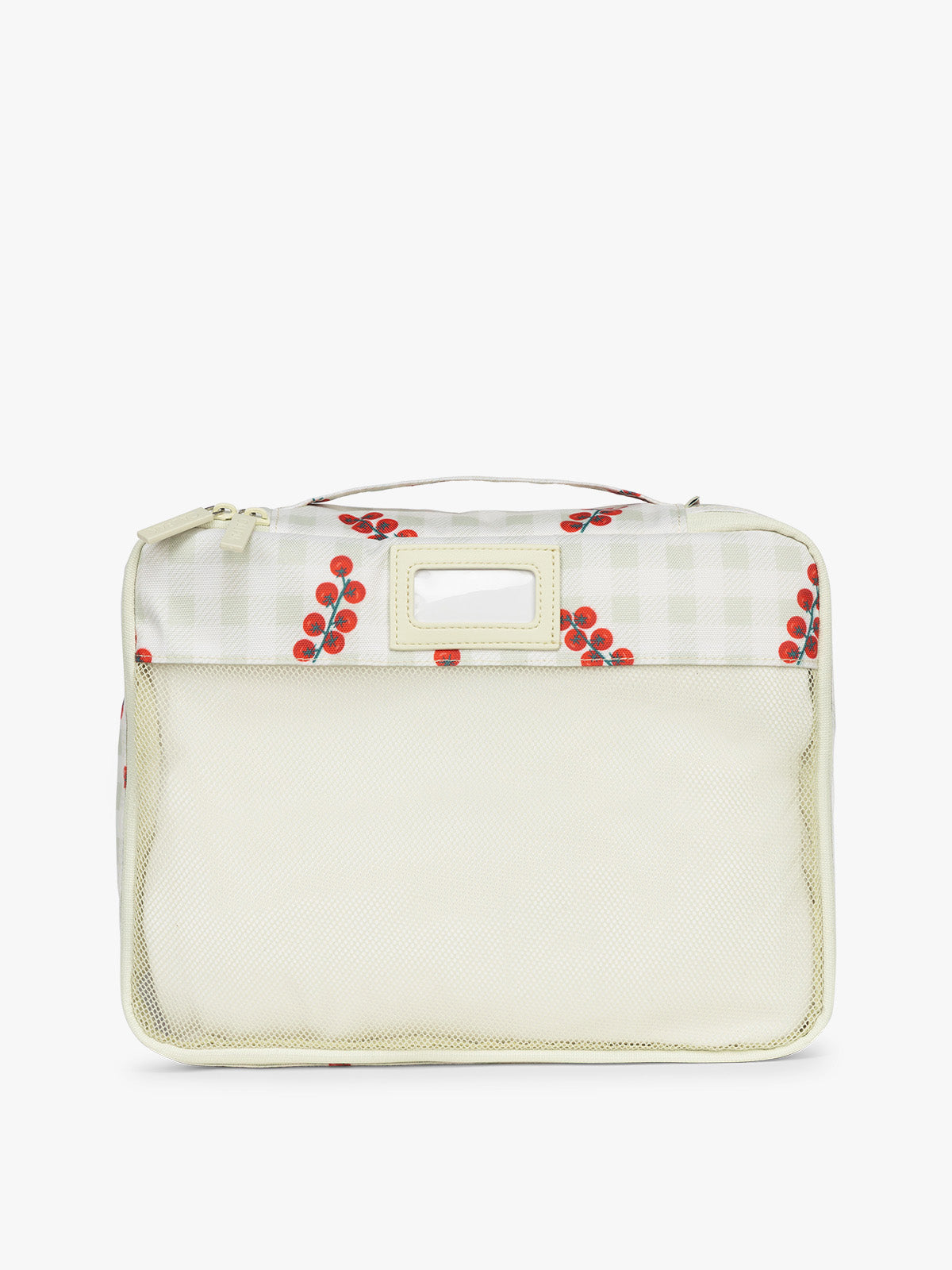 One of CALPAK 5pc Packing Cubes Set in white and green gingham pattern with tomato print; PC1601-CELADON-TOMATO-PICNIC