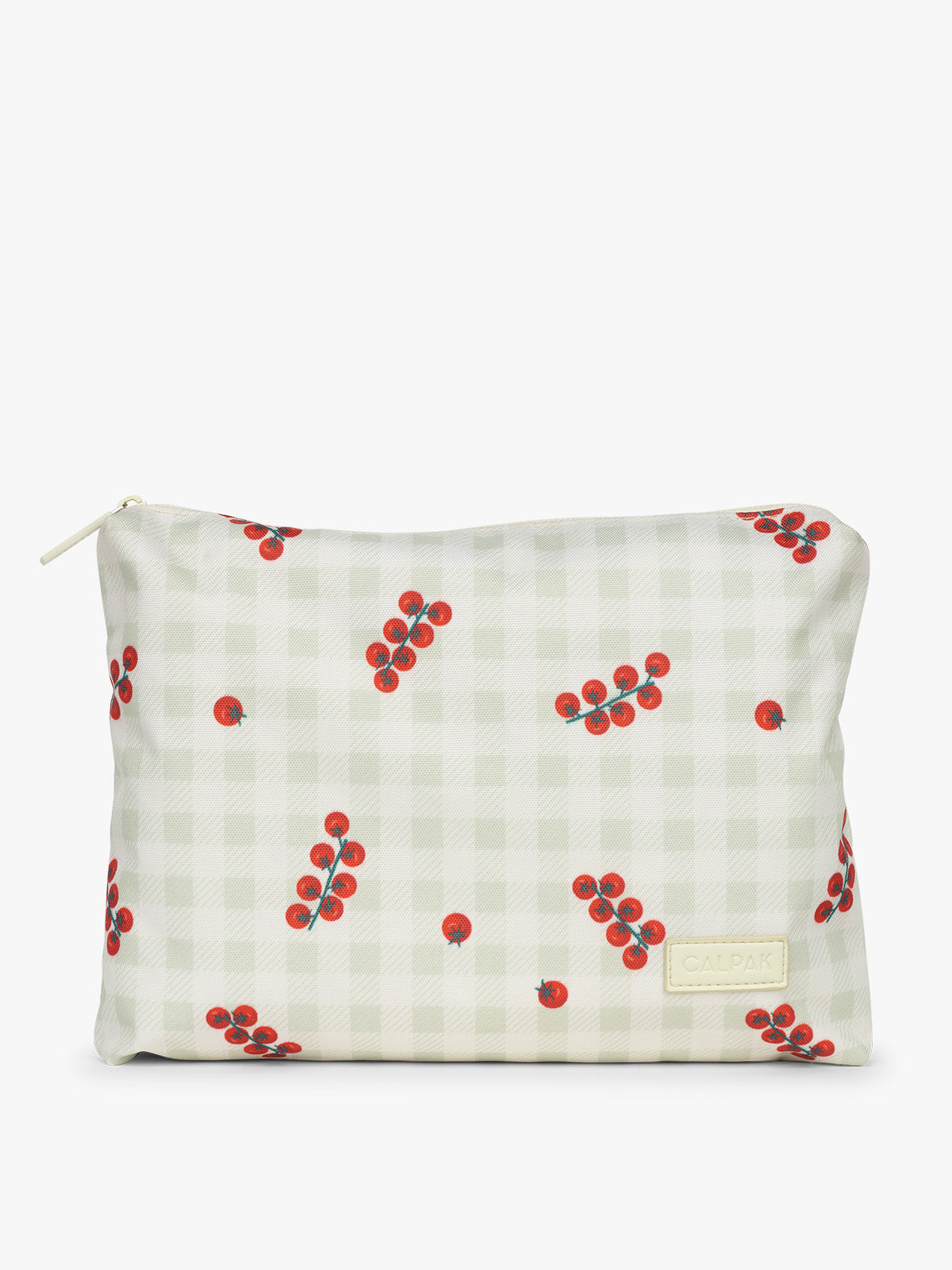 Envelope of CALPAK 5pc Packing Cubes Set in white and green gingham pattern with tomato print; PC1601-CELADON-TOMATO-PICNIC