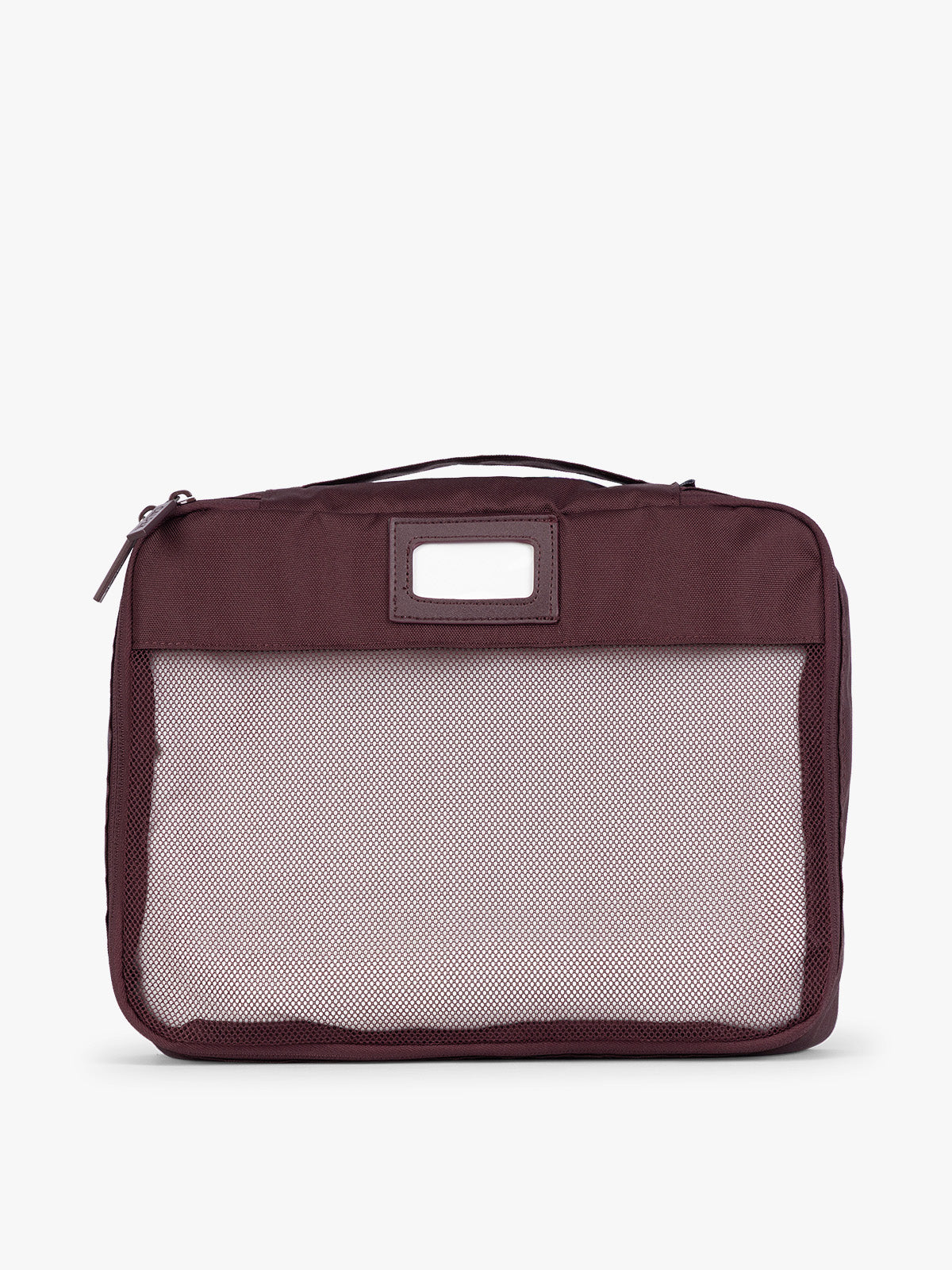 Burgundy Dark Cherry CALPAK 5-piece travel packing cubes set with close up of mesh cubes with a label, displayed on a clean white background; PC1601-DARK-CHERRY