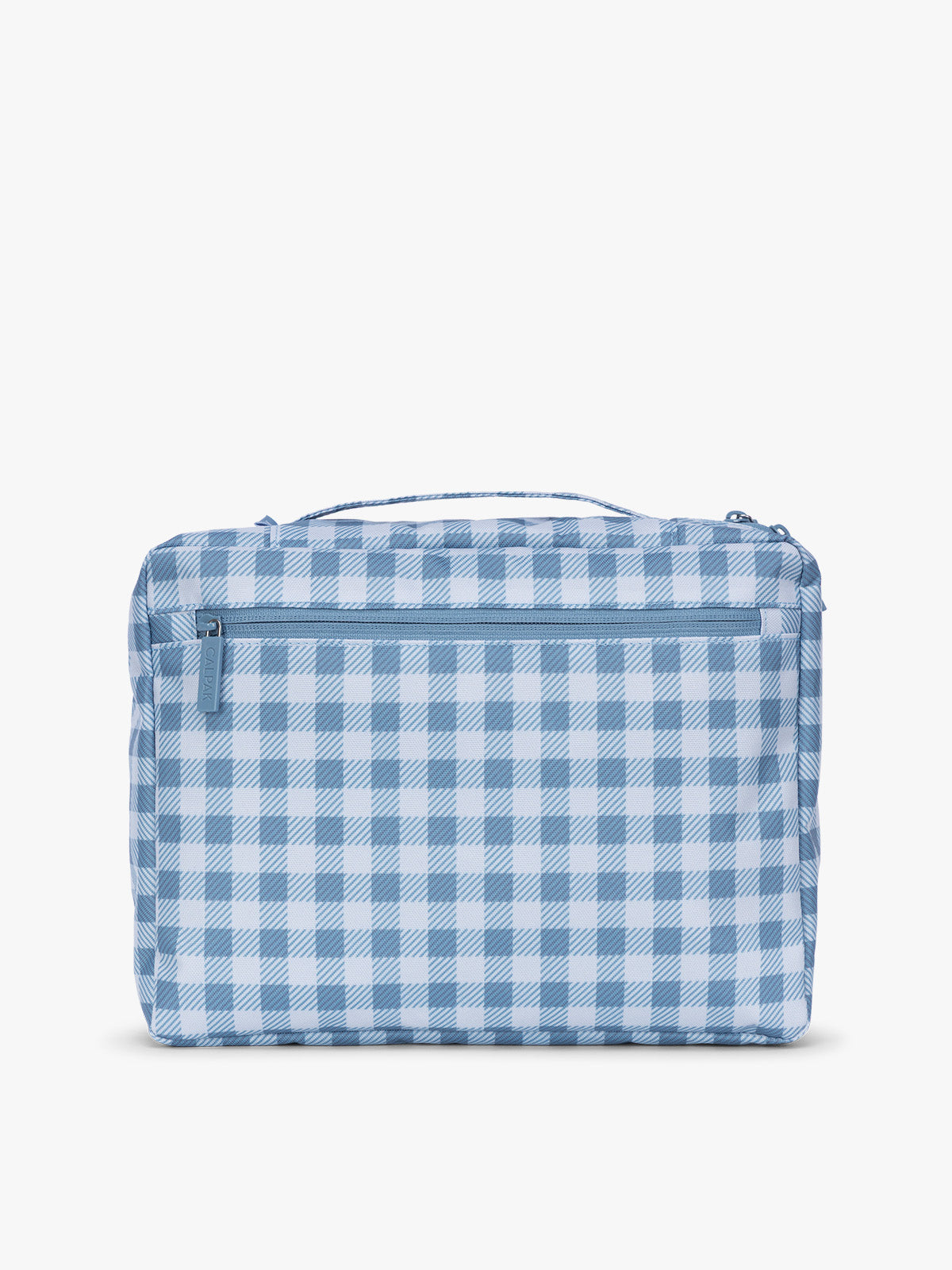 Backside of a packing cube that is part of CALPAK Packing Cubes 5-piece Set in white and blue gingham print in French Blue Gingham; PC1601-FRENCH-BLUE-GINGHAM