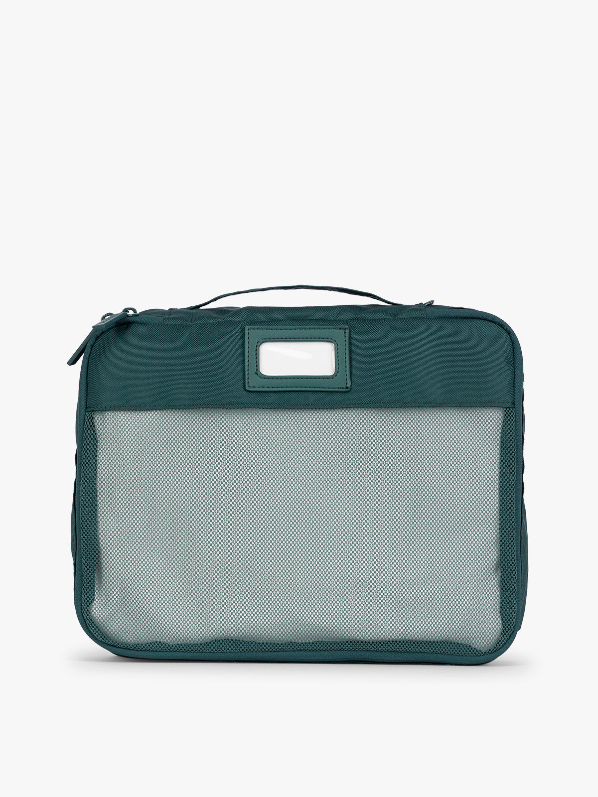 Deep green teal Kale CALPAK 5-piece travel packing cubes set with close up of mesh cubes with a label, displayed on a clean white background; PC1601-KALE