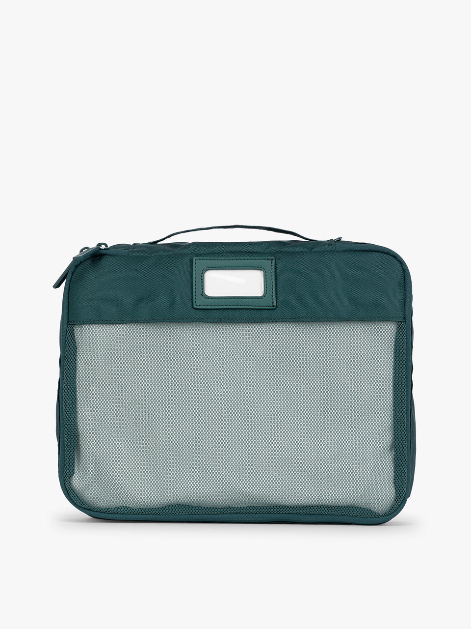 Deep green teal Kale CALPAK 5-piece travel packing cubes set with close up of mesh cubes with a label, displayed on a clean white background; PC1601-KALE