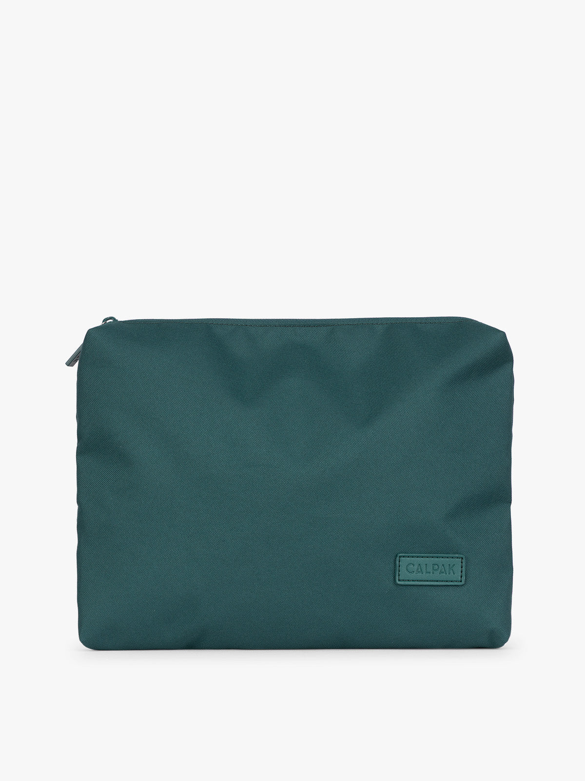 Deep green teal Kale CALPAK 5-piece travel packing cubes set with close up of envelope packing cube with top zipper displayed on a clean white background; PC1601-KALE