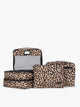 Tan and black animal pattern Leopard CALPAK 5-piece travel packing cubes set which includes three mesh cubes, a flat cube, and a zippered organizer, displayed on a clean white background; PC1601-LEOPARD