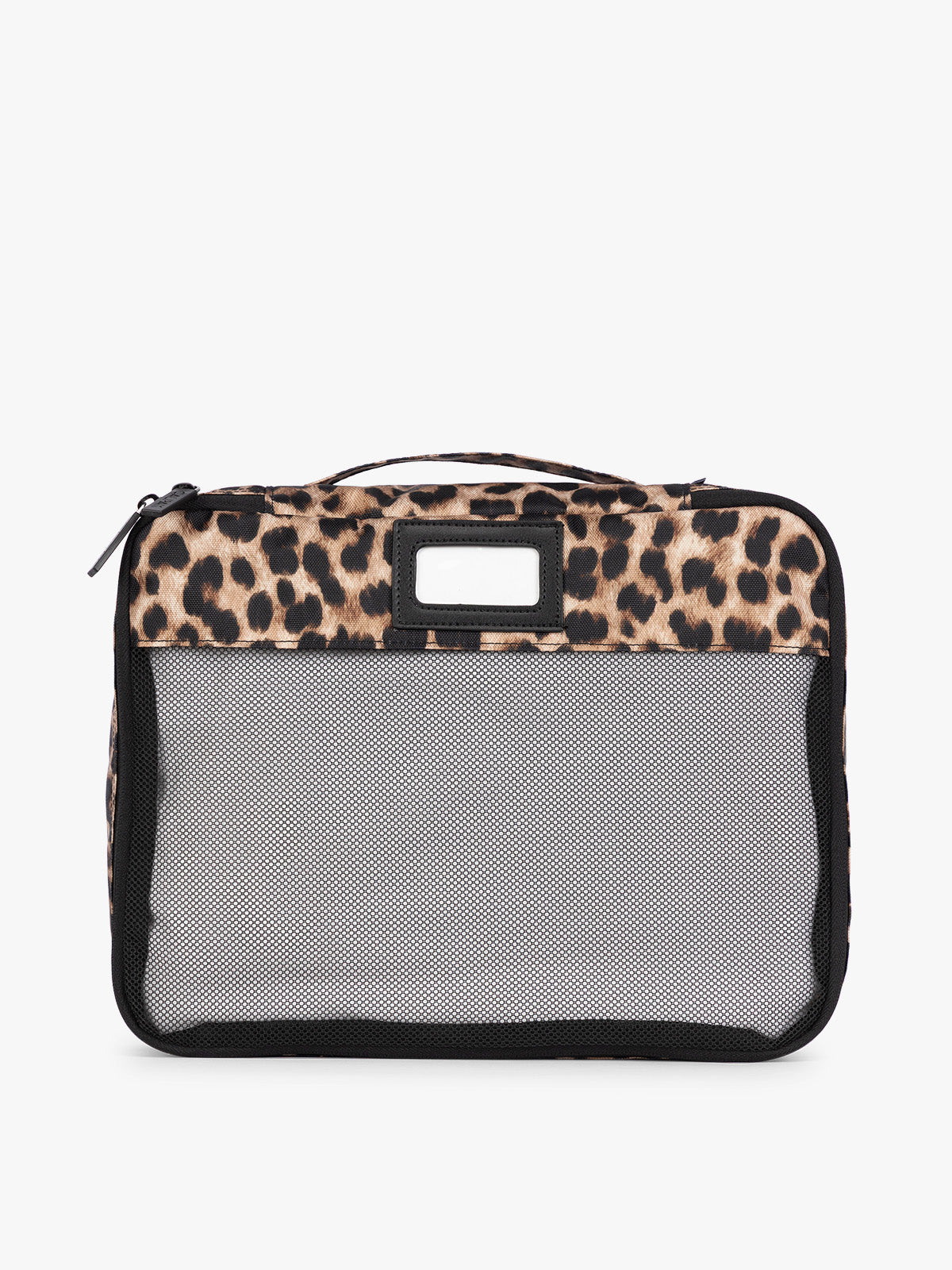 Tan and black animal print Snow Leopard CALPAK 5-piece travel packing cubes set with close up of mesh cubes with a label, displayed on a clean white background; PC1601-LEOPARD