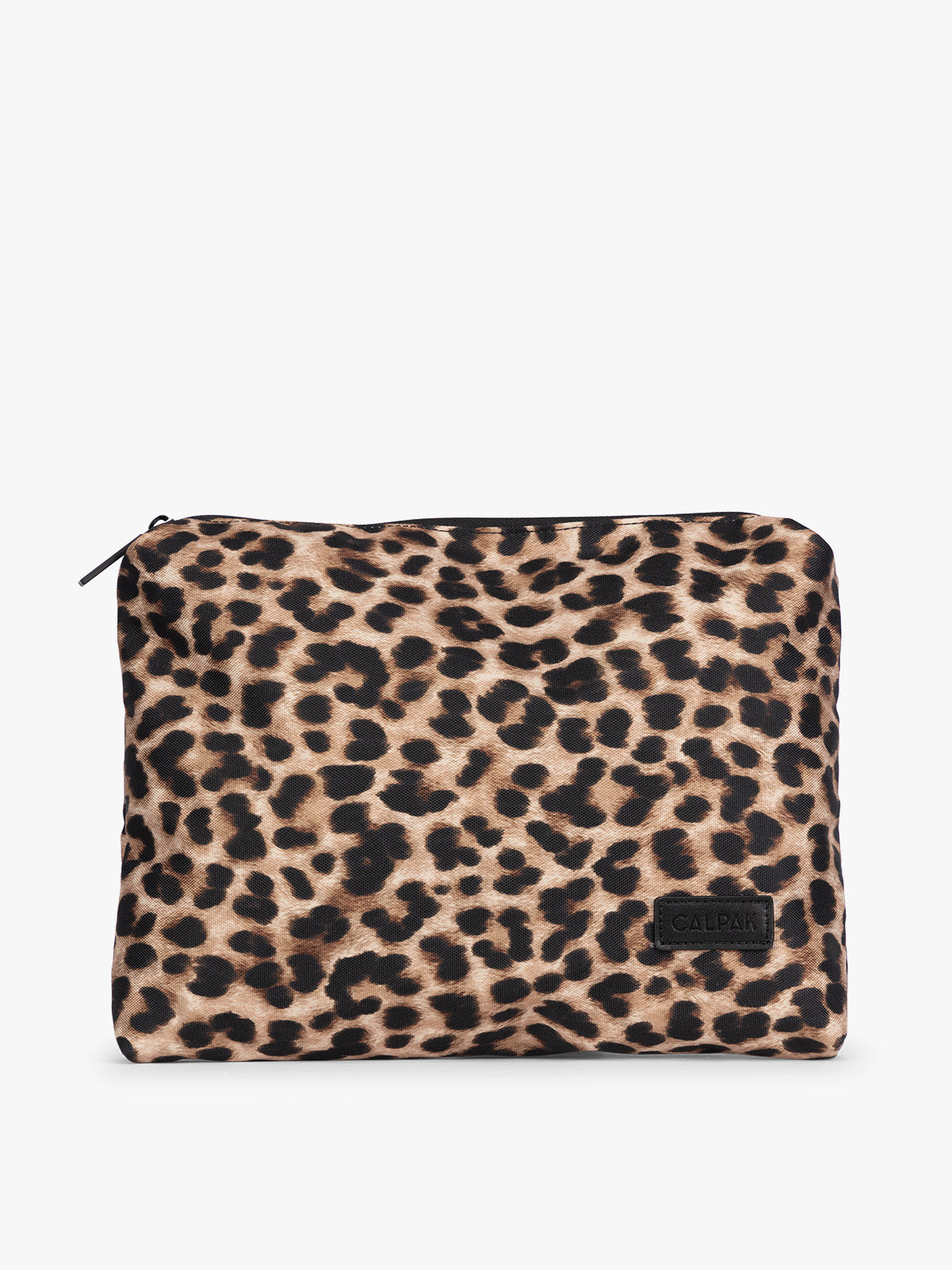Tan and black animal print Snow Leopard CALPAK 5-piece travel packing cubes set with close up of envelope cube with top zipper, displayed on a clean white background; PC1601-LEOPARD