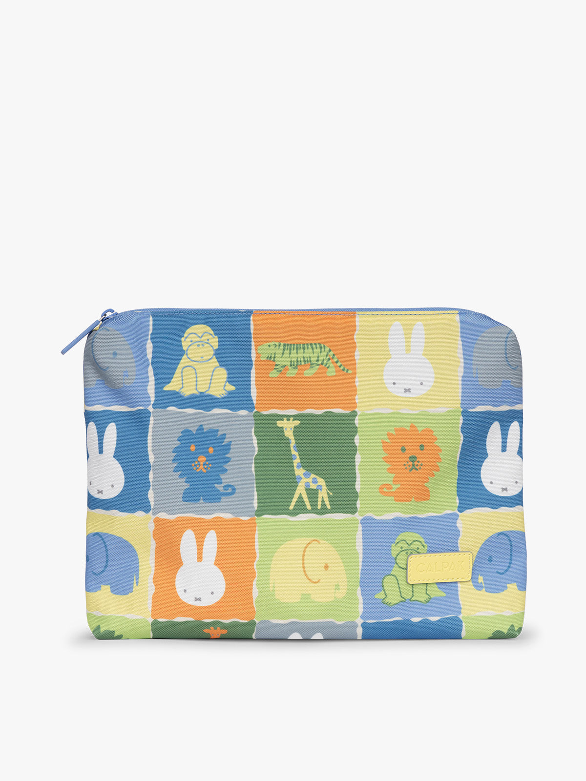 Envelope size of CALPAK Packing Cubes in colorful blue pouches with Miffy and animal pattern on a white background; PC1601-MIFFY-BLUE-ZOO-TRIP