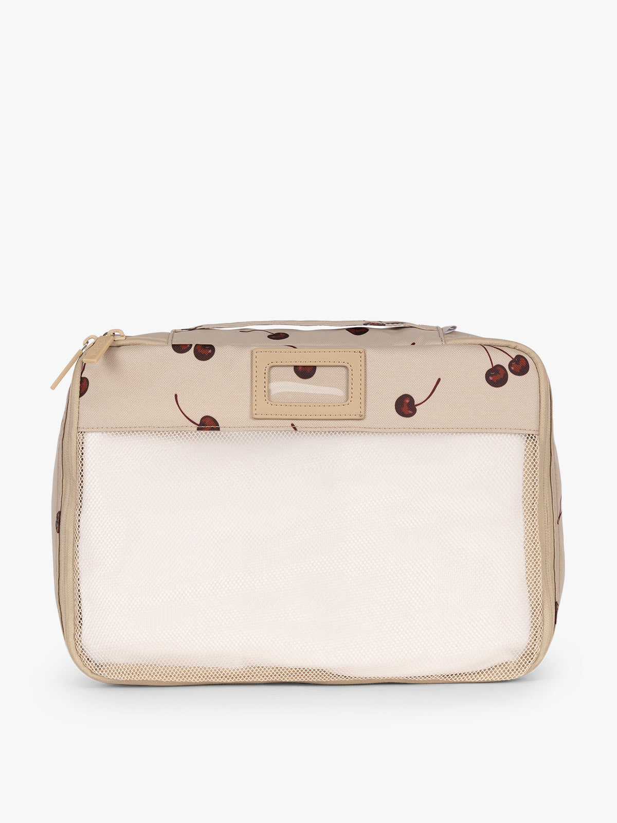 Front view of CALPAK Packing Cubes 5pc Set in beige with cherry print in Oatmeal Cherry on a white background; PC1601-OATMEAL-CHERRY