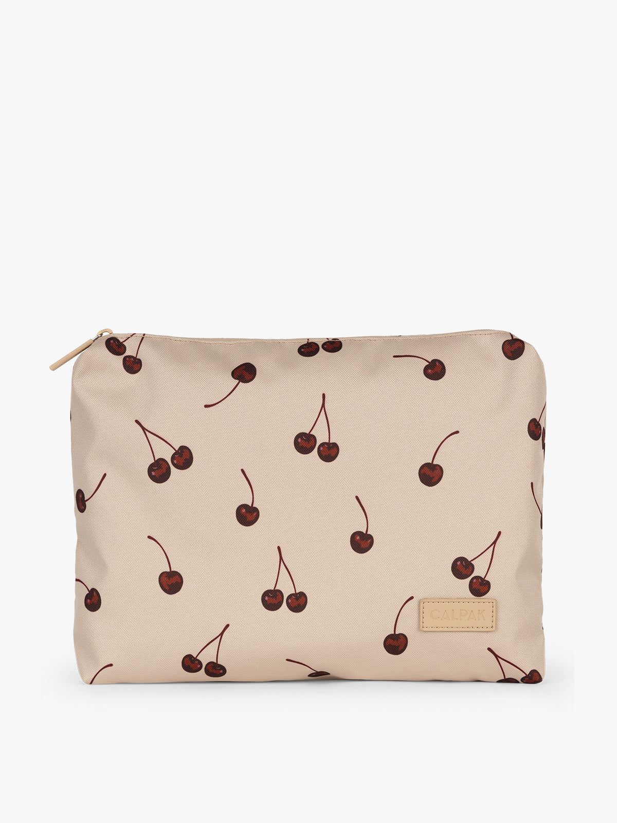 Zippered bag of CALPAK Packing Cubes 5pc Set in beige with cherry print in Oatmeal Cherry on a white background; PC1601-OATMEAL-CHERRY