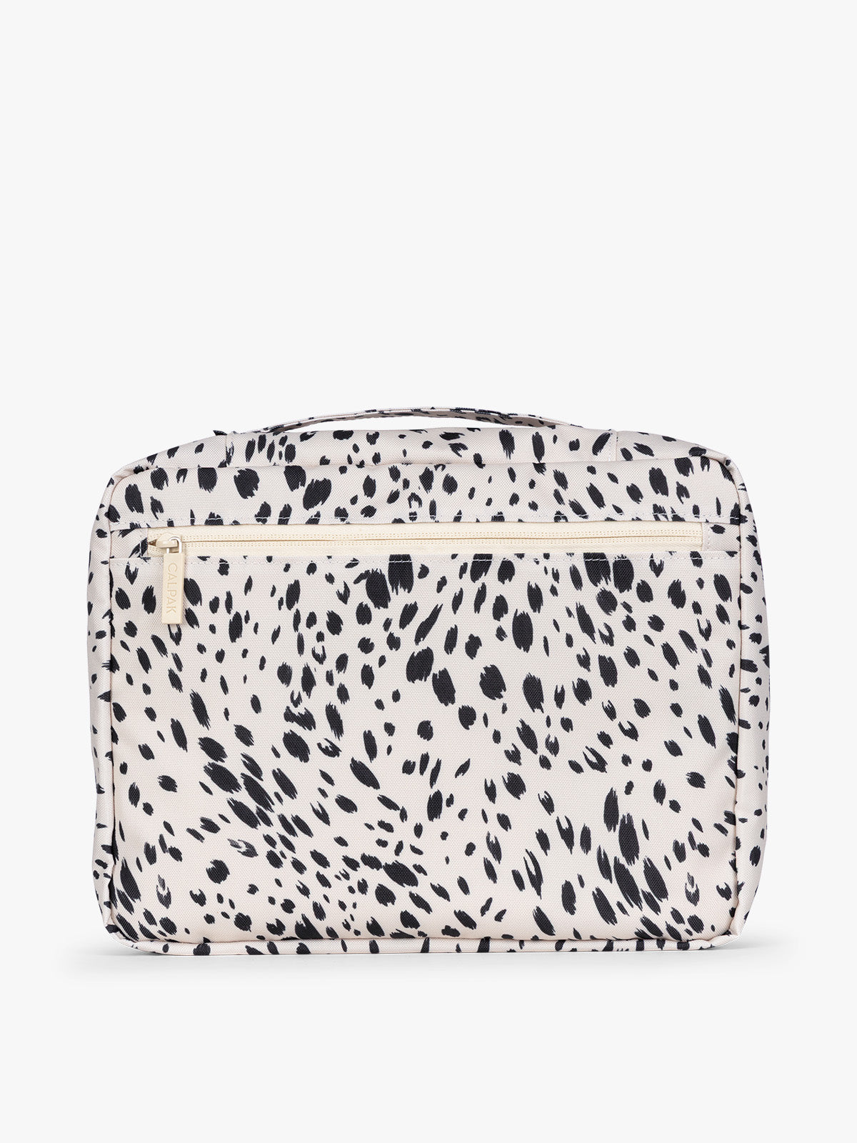 White and black animal print Snow Leopard CALPAK 5-piece travel packing cubes set with close up of packing cube with a zipper, displayed on a clean white background; PC1601-SNOW-LEOPARD