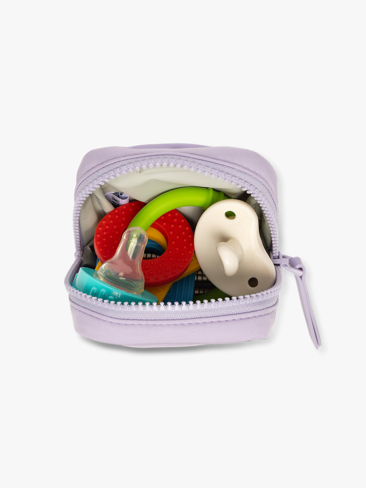 CALPAK Baby Collection Pacifier Pouch in lavender purple Orchid open with pacifier inside; PCB2501-ORCHID