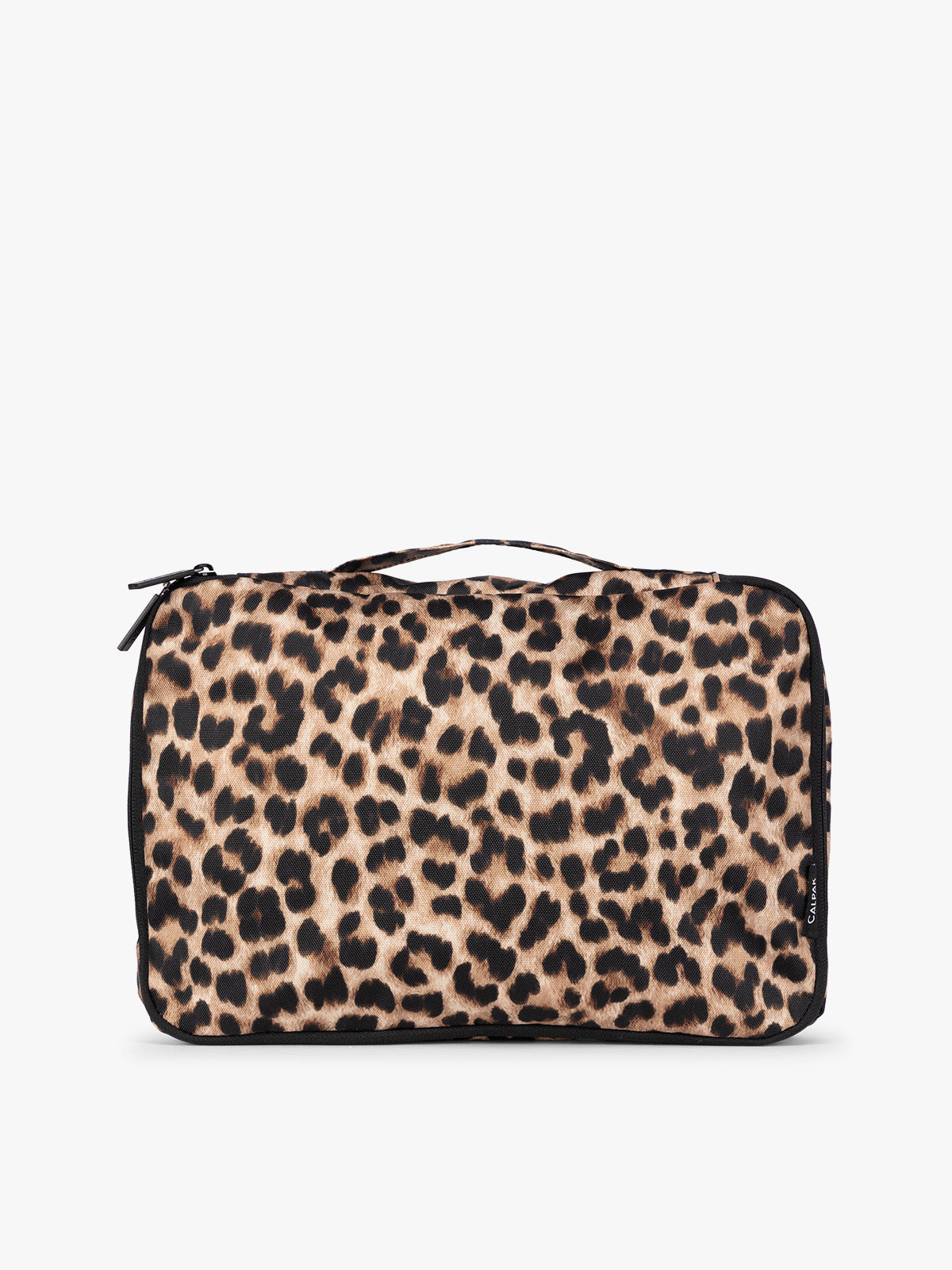 Closeup of one tan and black animal print Leopard CALPAK Medium Compression Packing Cubes with zippers shown on a clean white background; PCC2201-LEOPARD