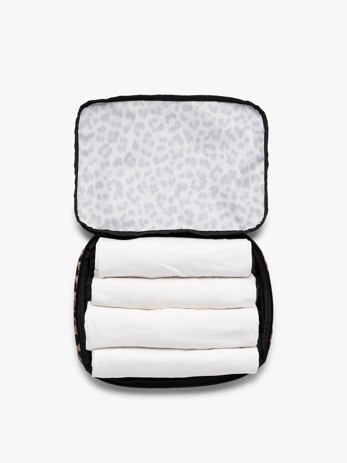 Opened view of a tan and black animal print Leopard CALPAK Medium Compression Packing Cubes with zippers shown on a clean white background; PCC2201-LEOPARD