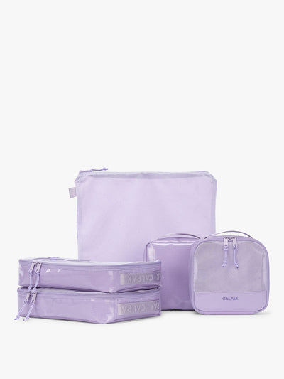 CALPAK Terra 5-Piece Packing Cube Set in lavender Amethyst with two small cubes, two medium cubes, and one large mesh cube with zippers and mesh; PCT2601-AMETHYST