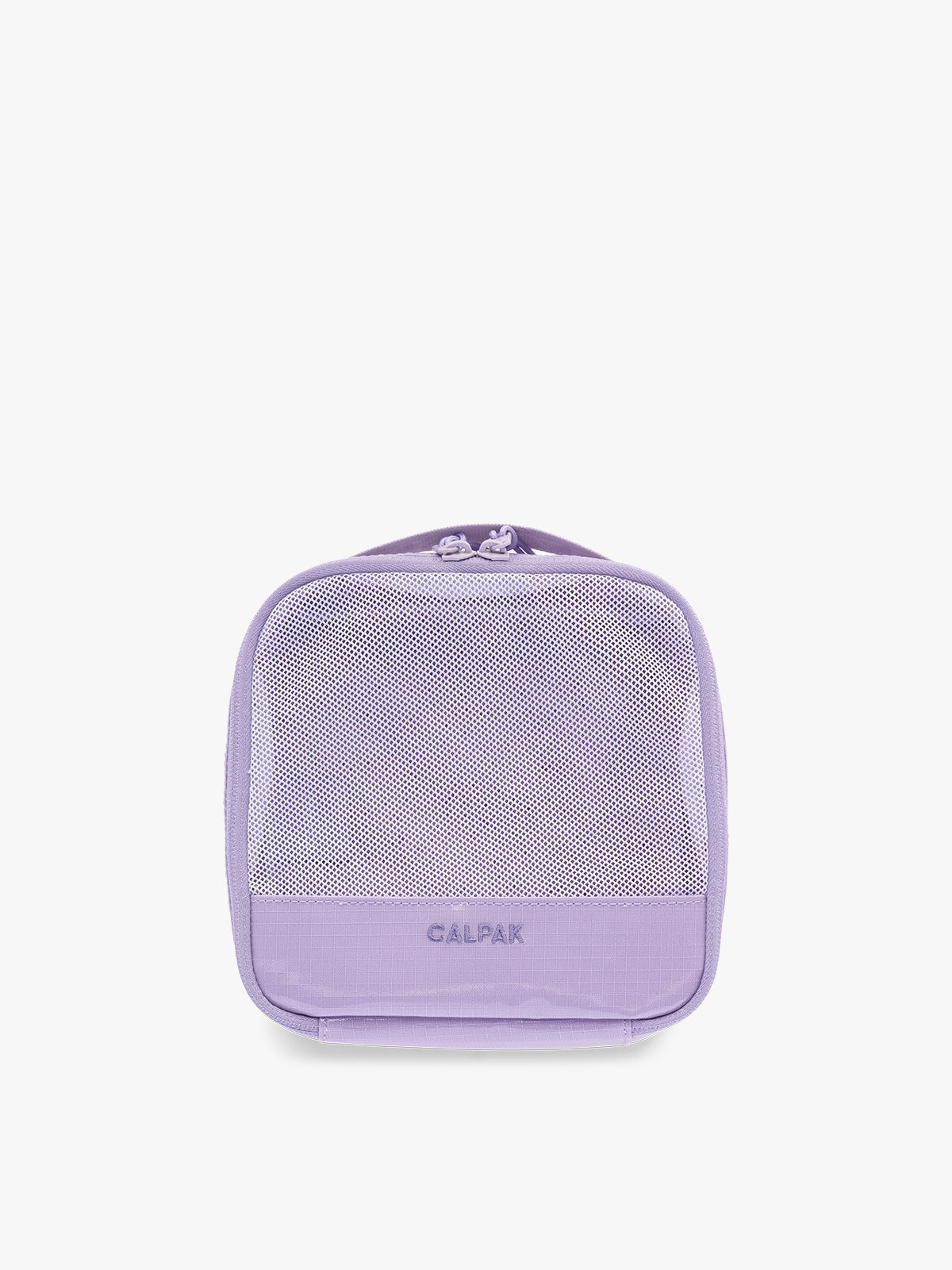 Small size packing cube of the CALPAK Terra 5-Piece Packing Cube Set in lavender Amethyst with two small cubes, two medium cubes, and one large mesh cube with zippers and mesh; PCT2601-AMETHYST
