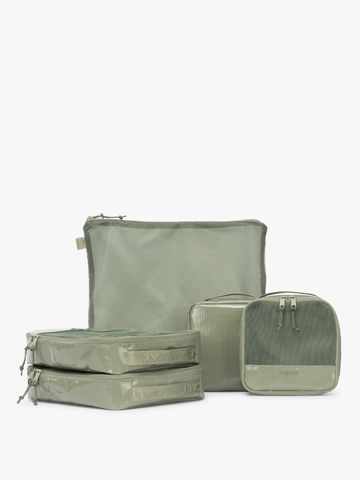 CALPAK Terra 5-Piece Packing Cube Set in olive green Juniper with two small cubes, two medium cubes, and one large mesh cube with zippers and mesh; PCT2601-JUNIPER