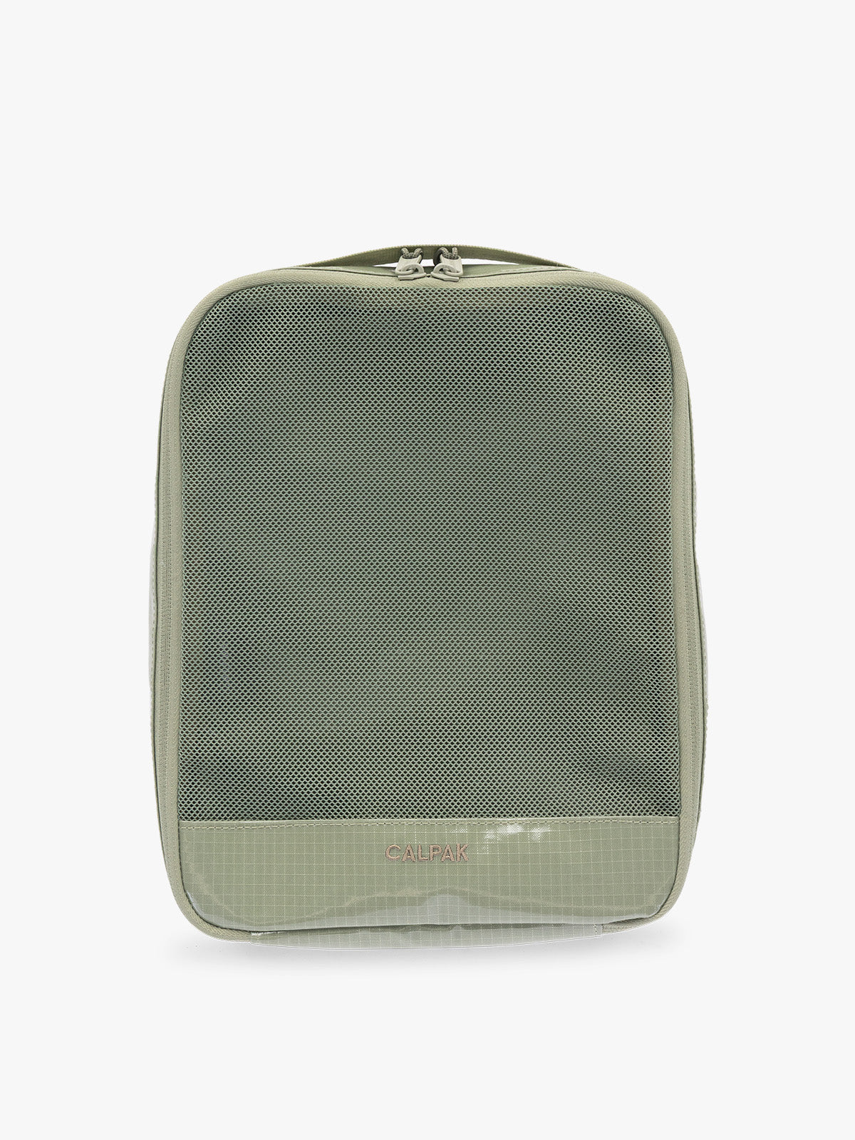 Medium size packing cube of the CALPAK Terra 5-Piece Packing Cube Set in olive green Juniper with two small cubes, two medium cubes, and one large mesh cube with zippers and mesh; PCT2601-JUNIPER