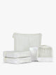 CALPAK Terra 5-Piece Packing Cube Set in shiny white iridescent Moonbeam with two small cubes, two medium cubes, and one large mesh cube with zippers and mesh; PCT2601-MOONBEAM