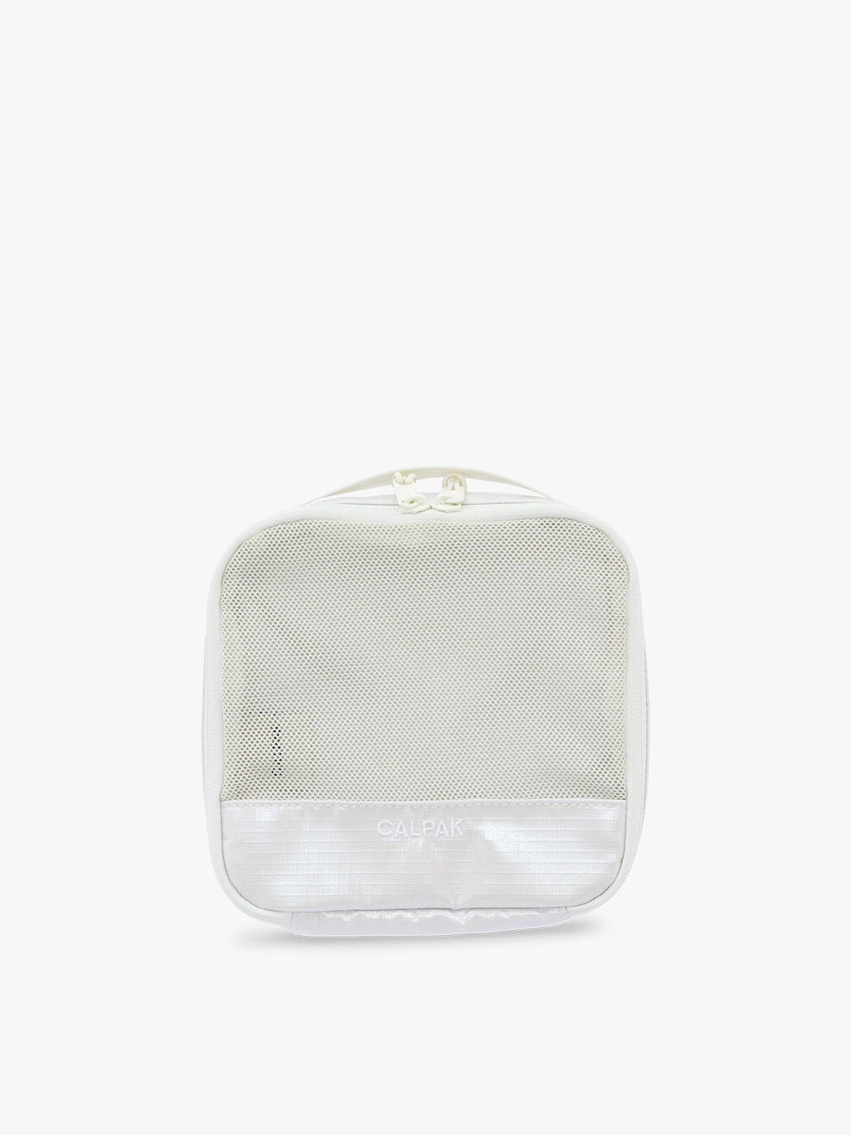 Small size packing cube of CALPAK Terra 5-Piece Packing Cube Set in shiny white iridescent Moonbeam with two small cubes, two medium cubes, and one large mesh cube with zippers and mesh; PCT2601-MOONBEAM