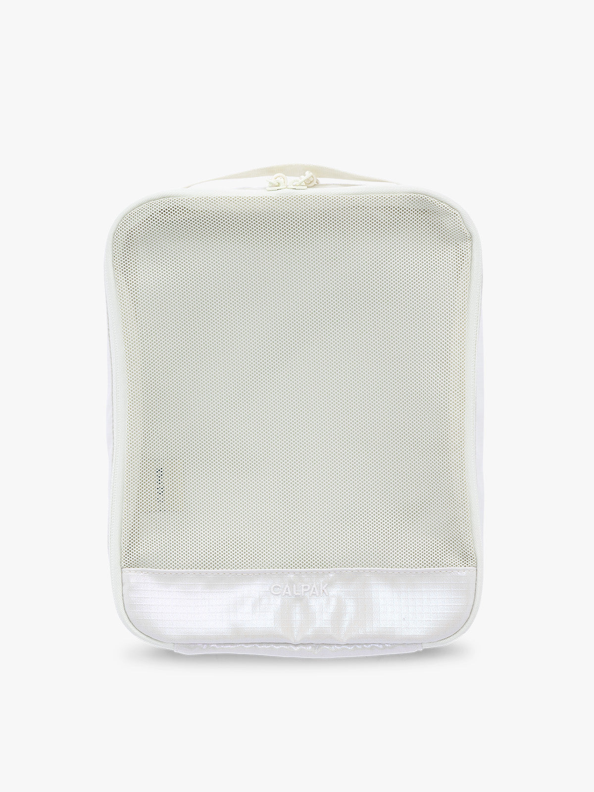 Medium size packing cube of the CALPAK Terra 5-Piece Packing Cube Set in shiny white iridescent Moonbeam with two small cubes, two medium cubes, and one large mesh cube with zippers and mesh; PCT2601-MOONBEAM