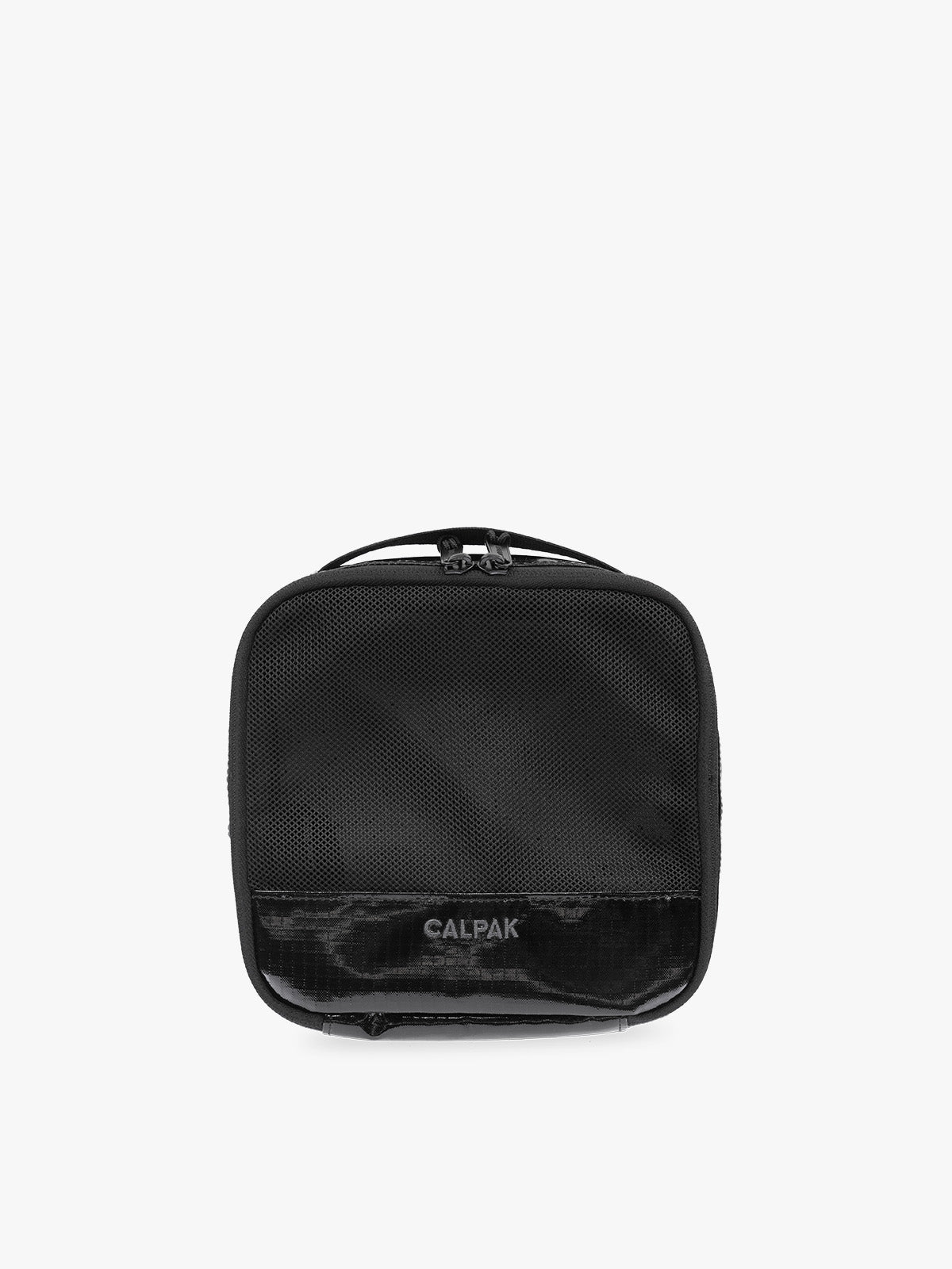 Small size packing cube of the CALPAK Terra 5-Piece Packing Cube Set in black Obsidian with two small cubes, two medium cubes, and one large mesh cube with zippers and mesh; PCT2601-OBSIDIAN