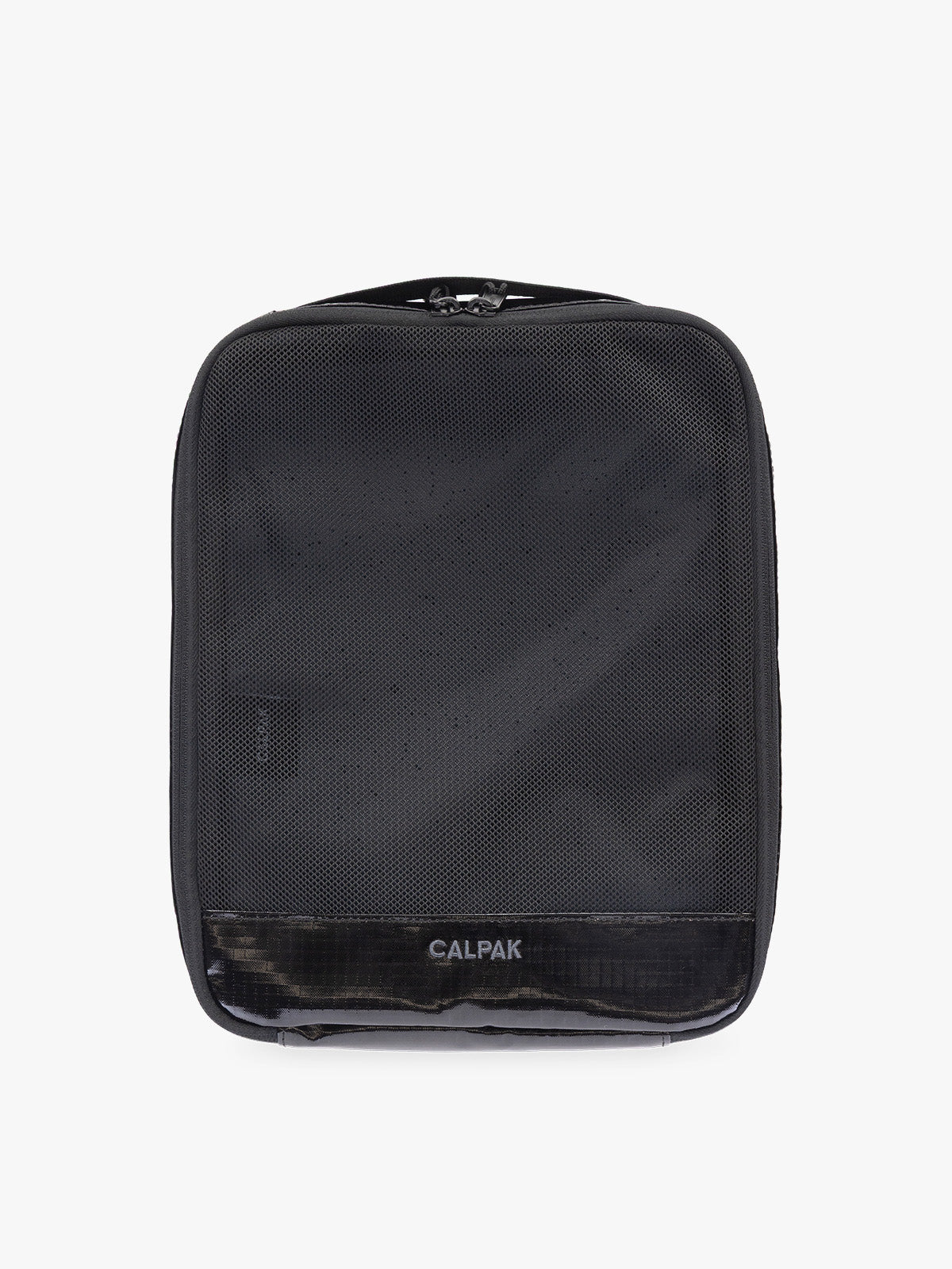 Medium size packing cube of the CALPAK Terra 5-Piece Packing Cube Set in black Obsidian with two small cubes, two medium cubes, and one large mesh cube with zippers and mesh; PCT2601-OBSIDIAN