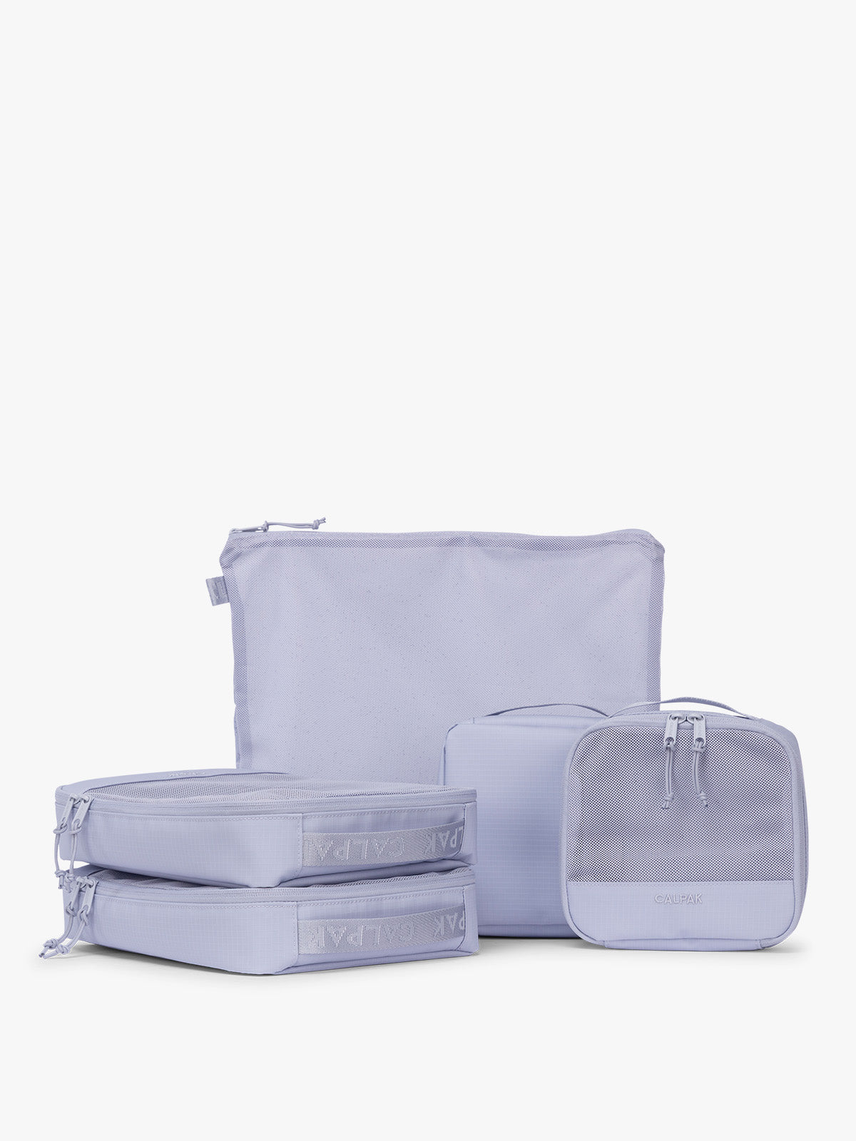 CALPAK Terra 5-Piece Packing Cube Set in purple lavender Sea Glass with two small cubes, two medium cubes, and one large mesh cube with zippers and mesh; PCT2601-SEA-GLASS