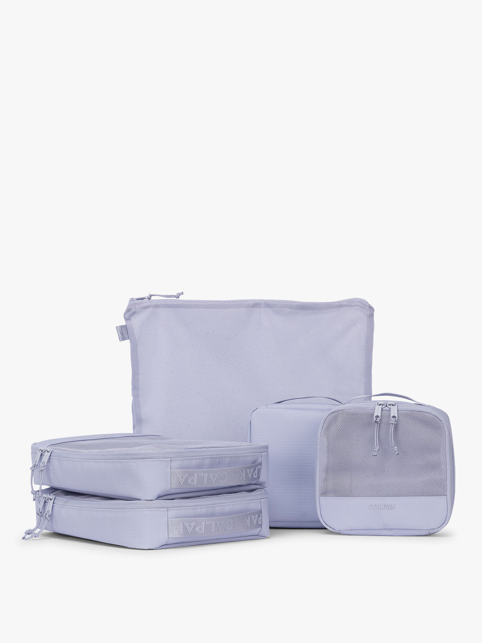 CALPAK Terra 5-Piece Packing Cube Set in purple lavender Sea Glass with two small cubes, two medium cubes, and one large mesh cube with zippers and mesh; PCT2601-SEA-GLASS