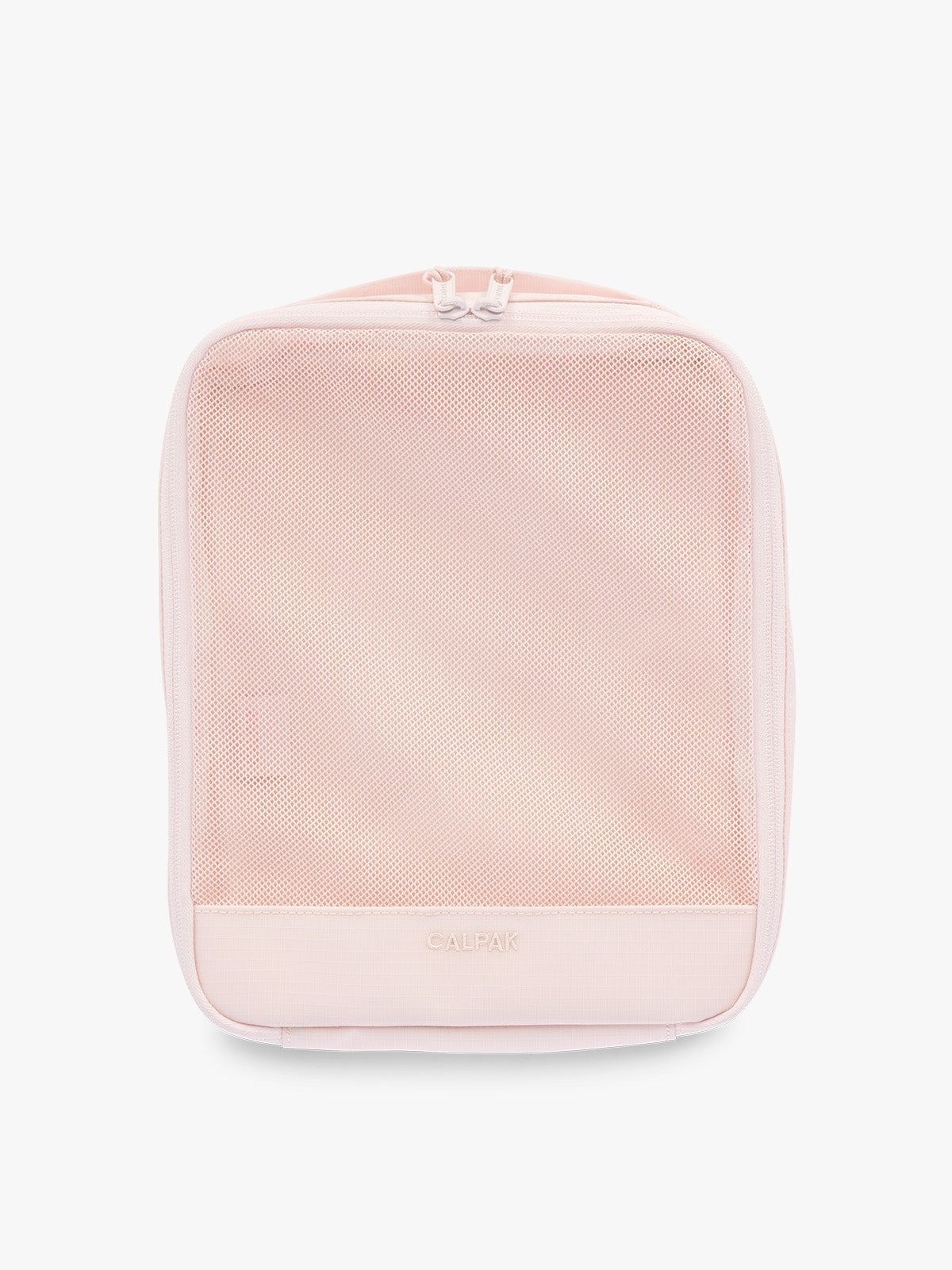Medium size packing cube of CALPAK Terra 5-Piece Packing Cube Set in pink Shell Pink with two small cubes, two medium cubes, and one large mesh cube with zippers and mesh; PCT2601-SHELL-PINK