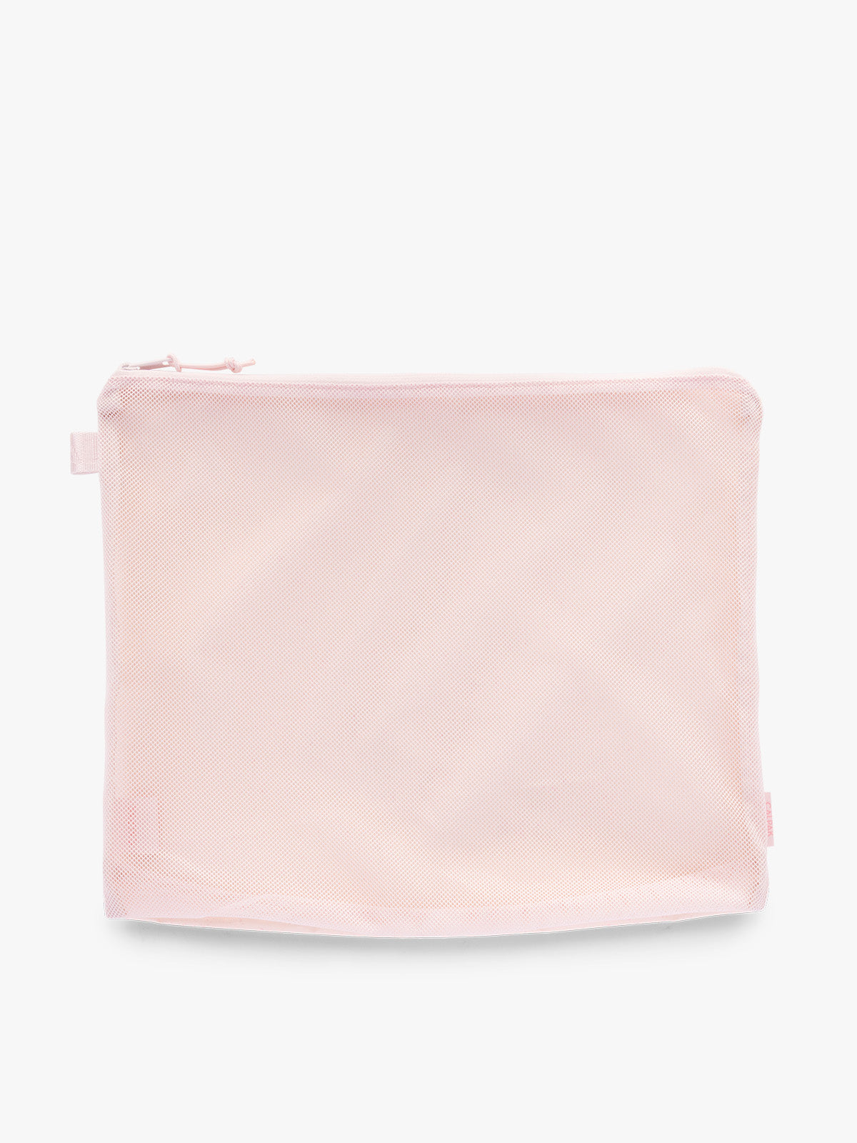 Large size packing cube of CALPAK Terra 5-Piece Packing Cube Set in pink Shell Pink with two small cubes, two medium cubes, and one large mesh cube with zippers and mesh; PCT2601-SHELL-PINK