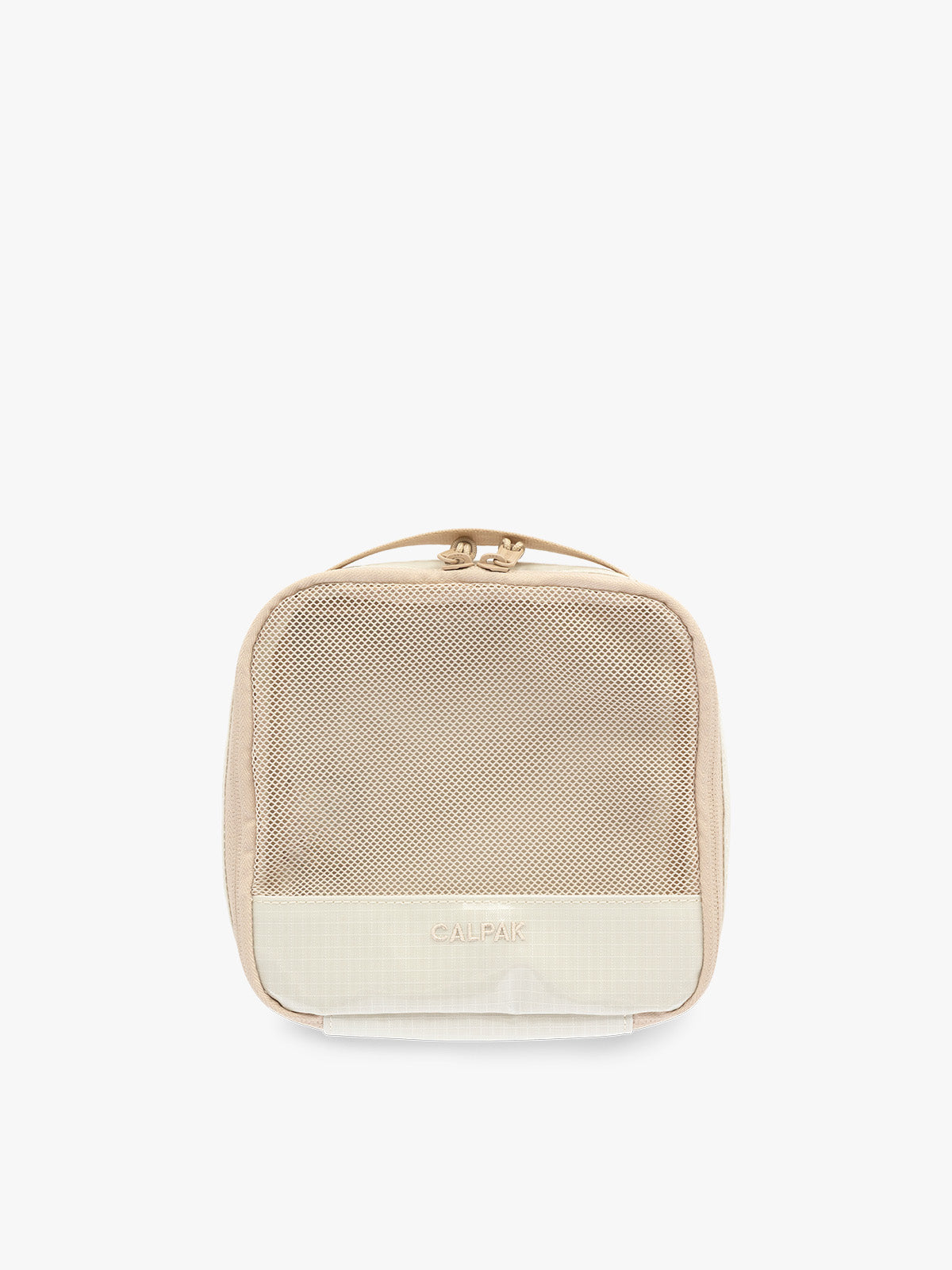 Small size packing cube of the CALPAK Terra 5-Piece Packing Cube Set in off-white beige White Sands with two small cubes, two medium cubes, and one large mesh cube with zippers and mesh; PCT2601-WHITE-SANDS