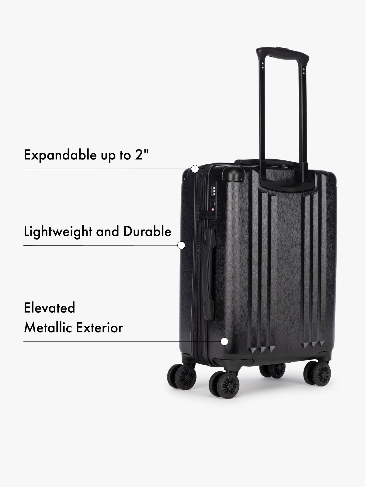 Ambeur Black carry-on suitcase with text highlighting features on a white background; LAM1020-BLACK