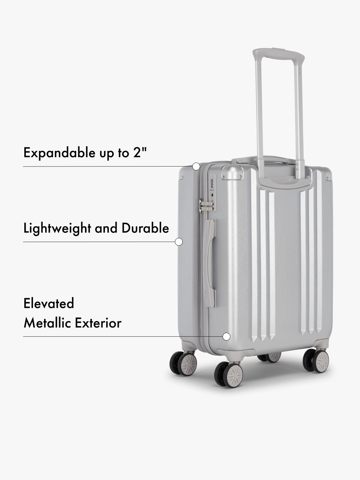 CALPAK Ambeur silver hard shell lightweight rolling spinner carry on suitcase expandable; LAM1020-SILVER