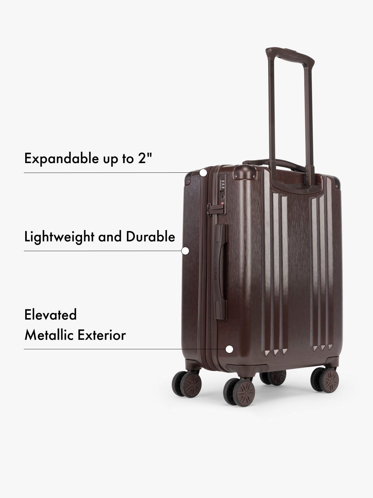 Backside of CALPAK Ambeur Carry On Luggage in Brown with text highlighting features on a white background; LAM1020-WALNUT
