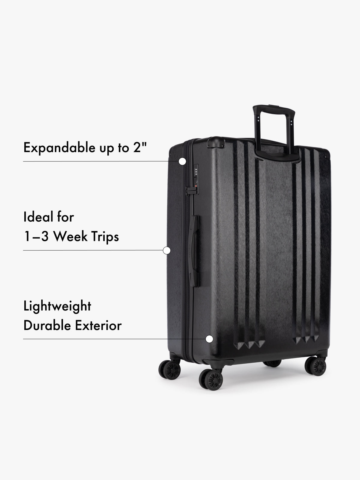 CALPAK Ambeur black hard shell large suitcase with features highlighted on a white background; LAM2000-BLACK