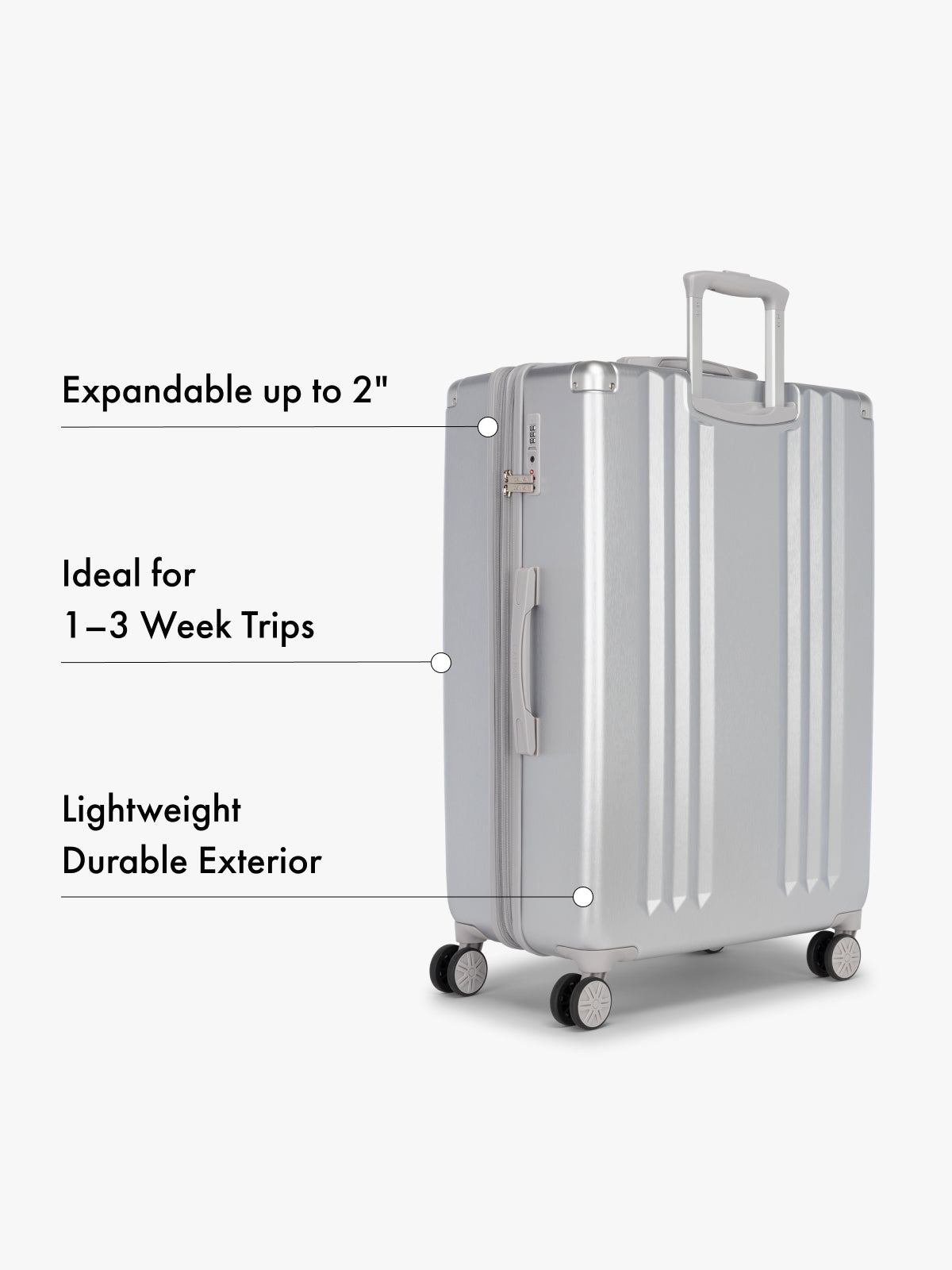 CALPAK Ambeur large Silver suitcase with text highlighting features on a white background; LAM1028-SILVER