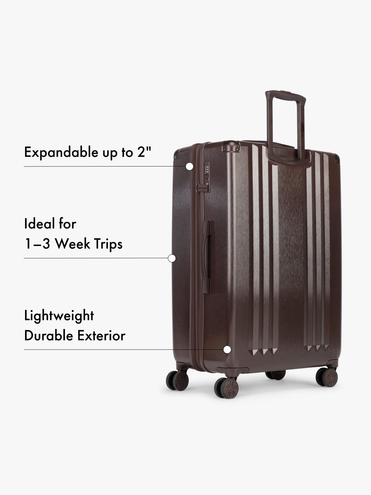 CALPAK Ambeur brown hard shell large suitcase with features highlighted on a white background; LAM2000-WALNUT