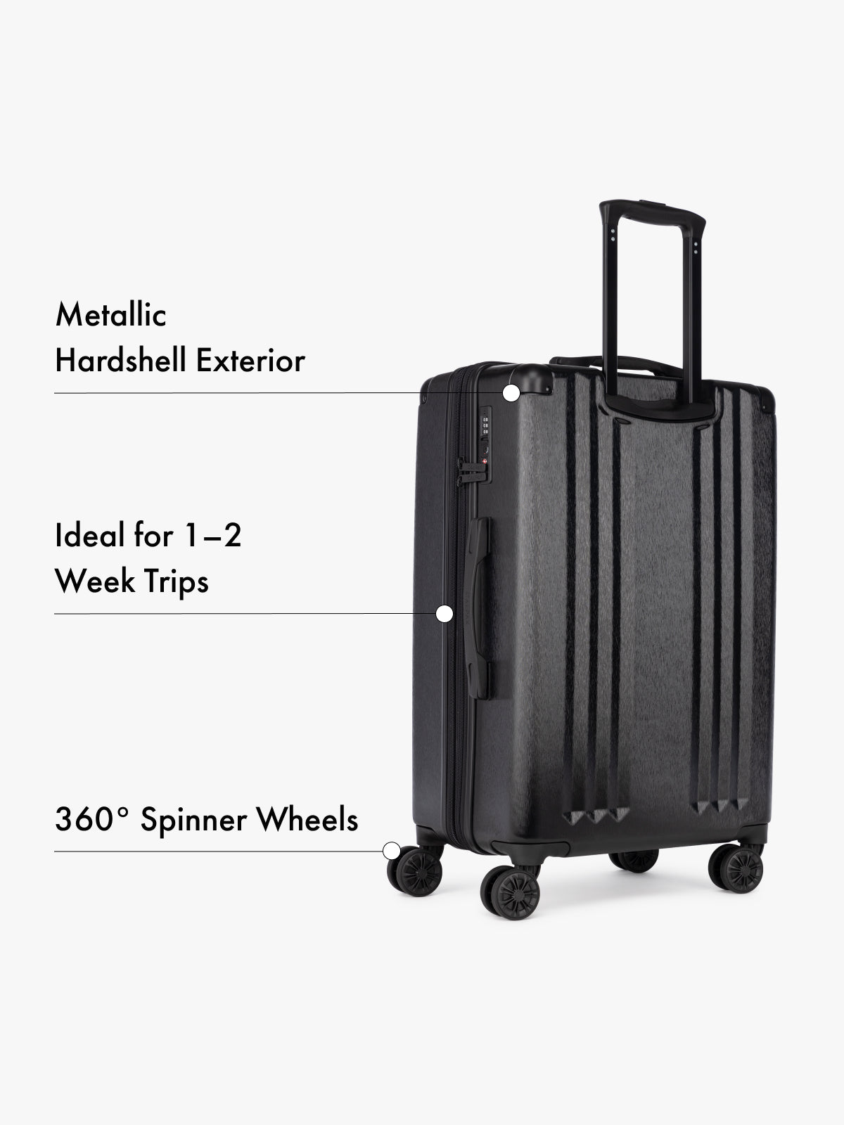CALPAK Ambeur Black hardshell suitcase with text highlighting features on a white background; LAM1024-BLACK