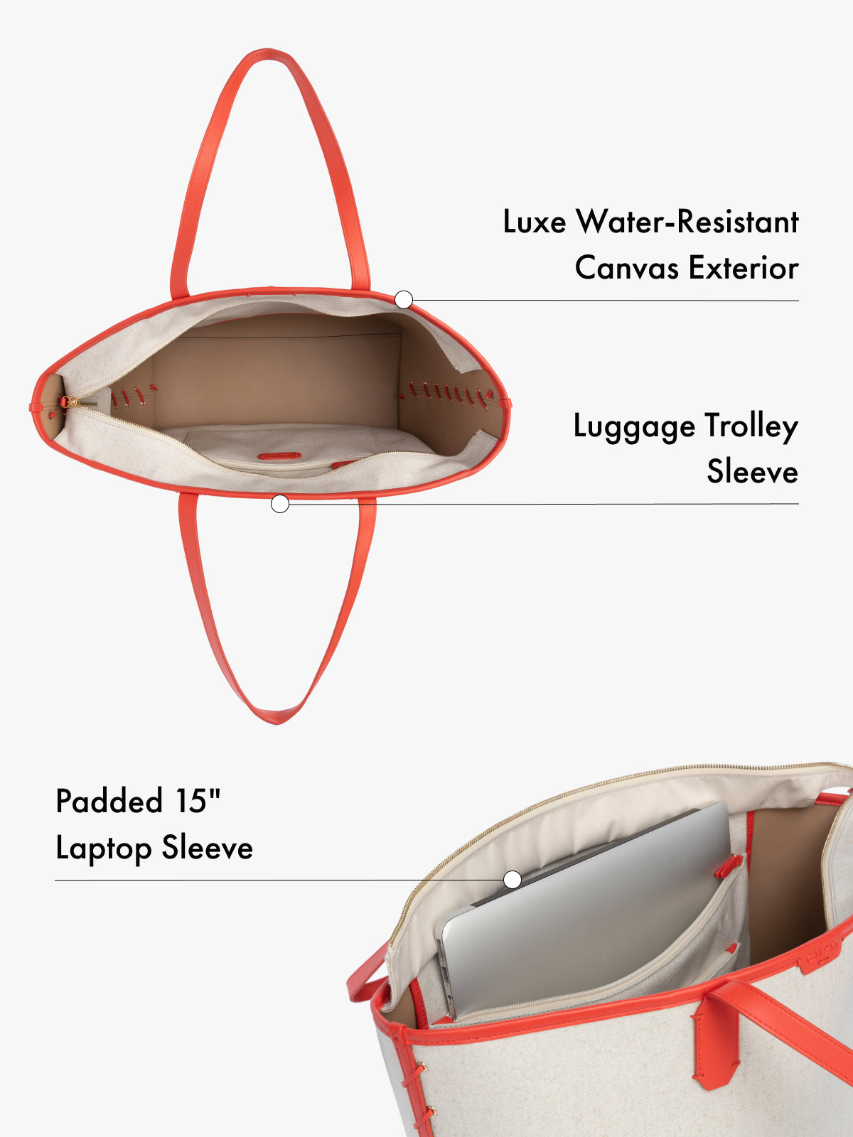 Luxe water-resistant canvas tote bag with features laptop sleeve and trolley sleeve highlighted on a white background; CLCT2601-NATURAL-TOMATO