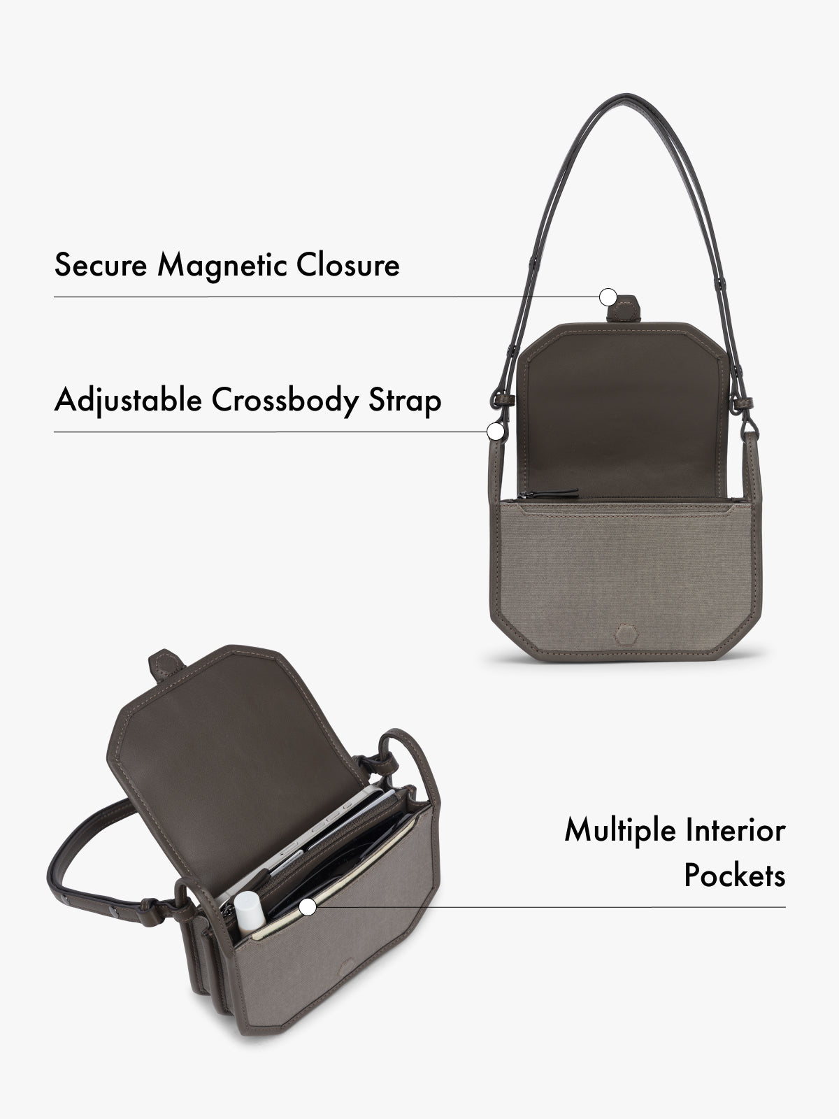Canvas crossbody wallet bag with features of magnetic closure, adjustable strap, and multiple interior pockets highlighted on a white background; CLWC2601-MUSHROOM
