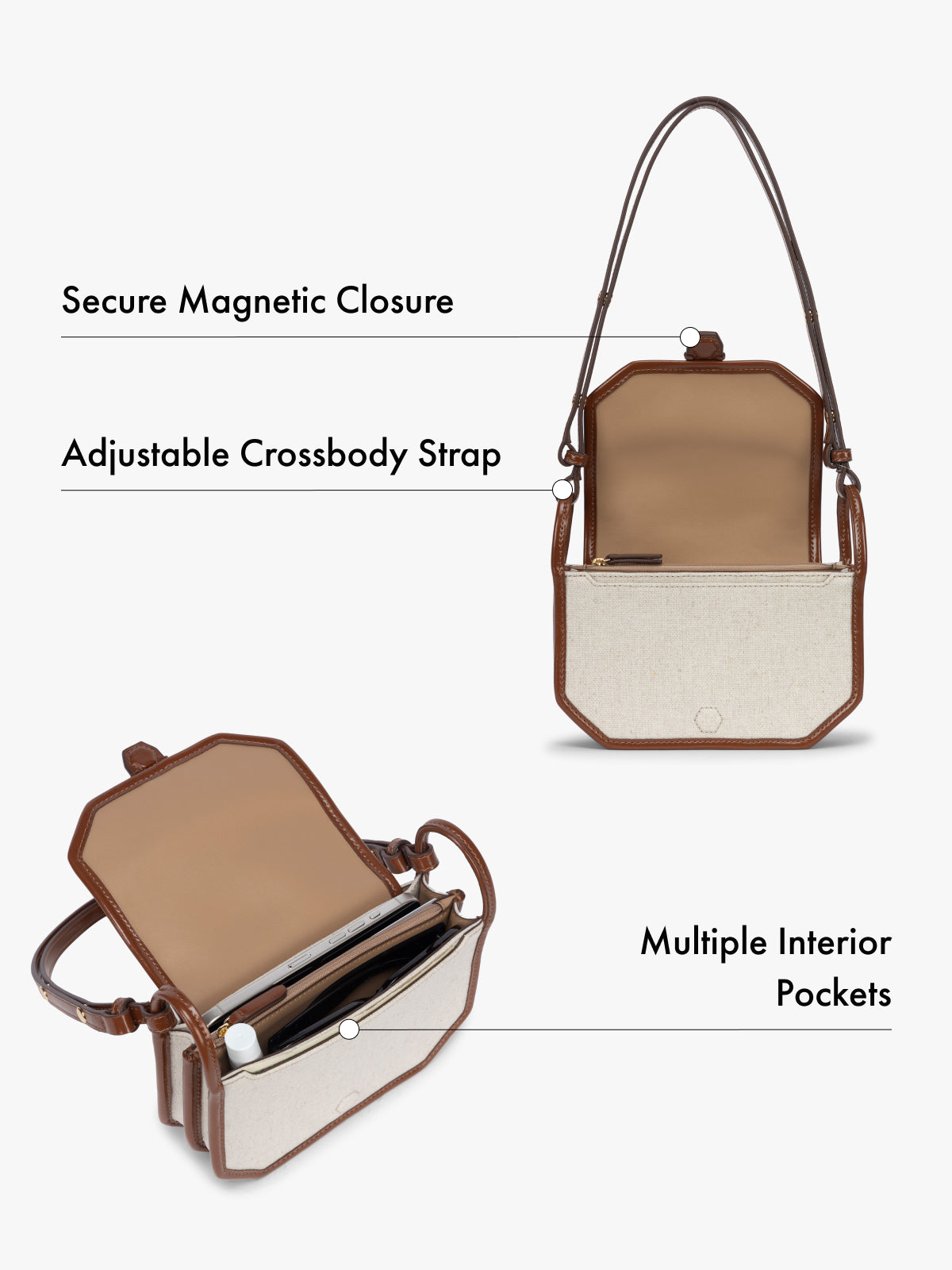Canvas crossbody wallet bag with features of magnetic closure, adjustable strap, and multiple interior pockets highlighted on a white background; CLWC2601-NATURAL-BROWN