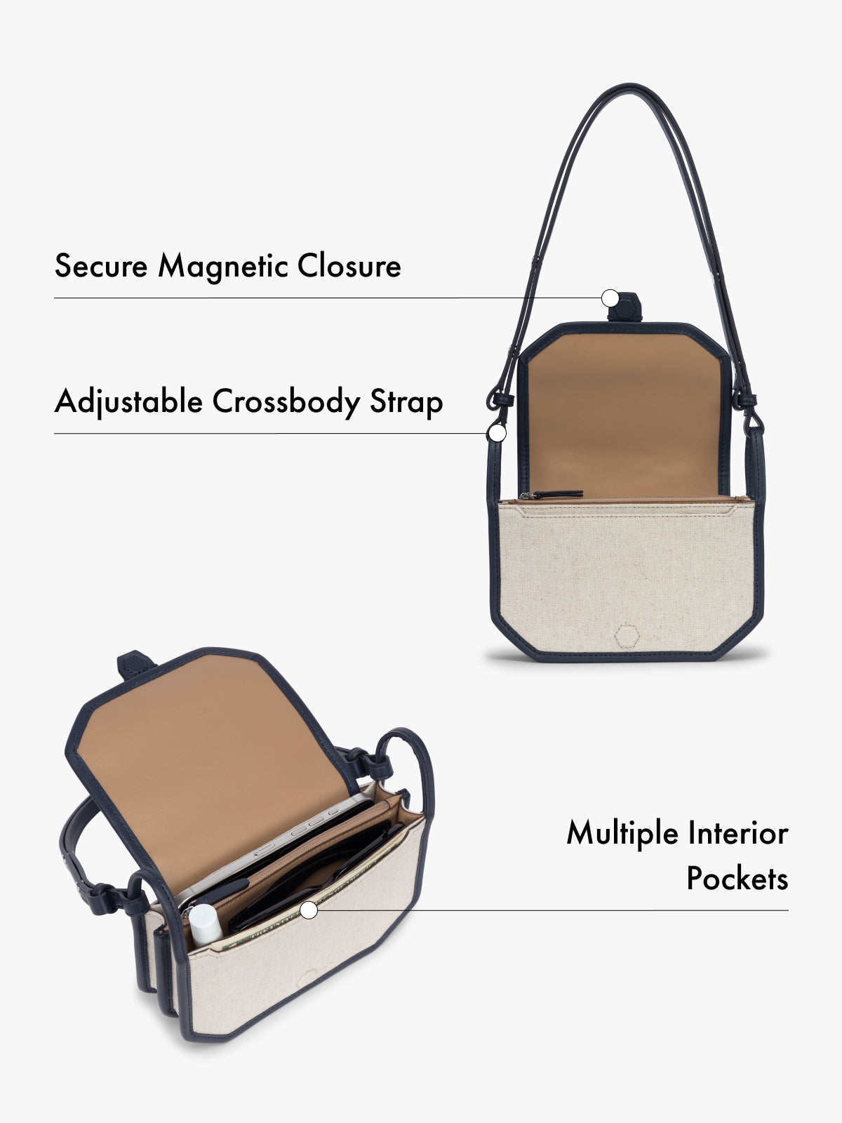 Canvas crossbody wallet bag with features of magnetic closure, adjustable strap, and multiple interior pockets highlighted on a white background; CLWC2601-NATURAL-NAVY