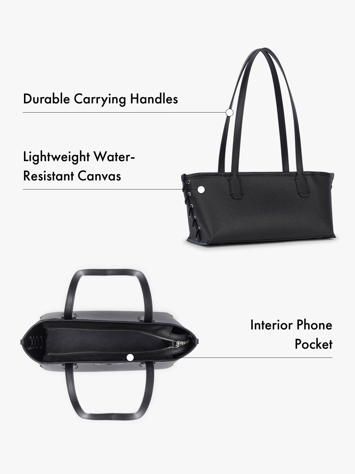 Tote bag with durable carrying handles, lightweight water-resistant canvas, and interior phone pocket on a white background; CLST2601-BLACK
