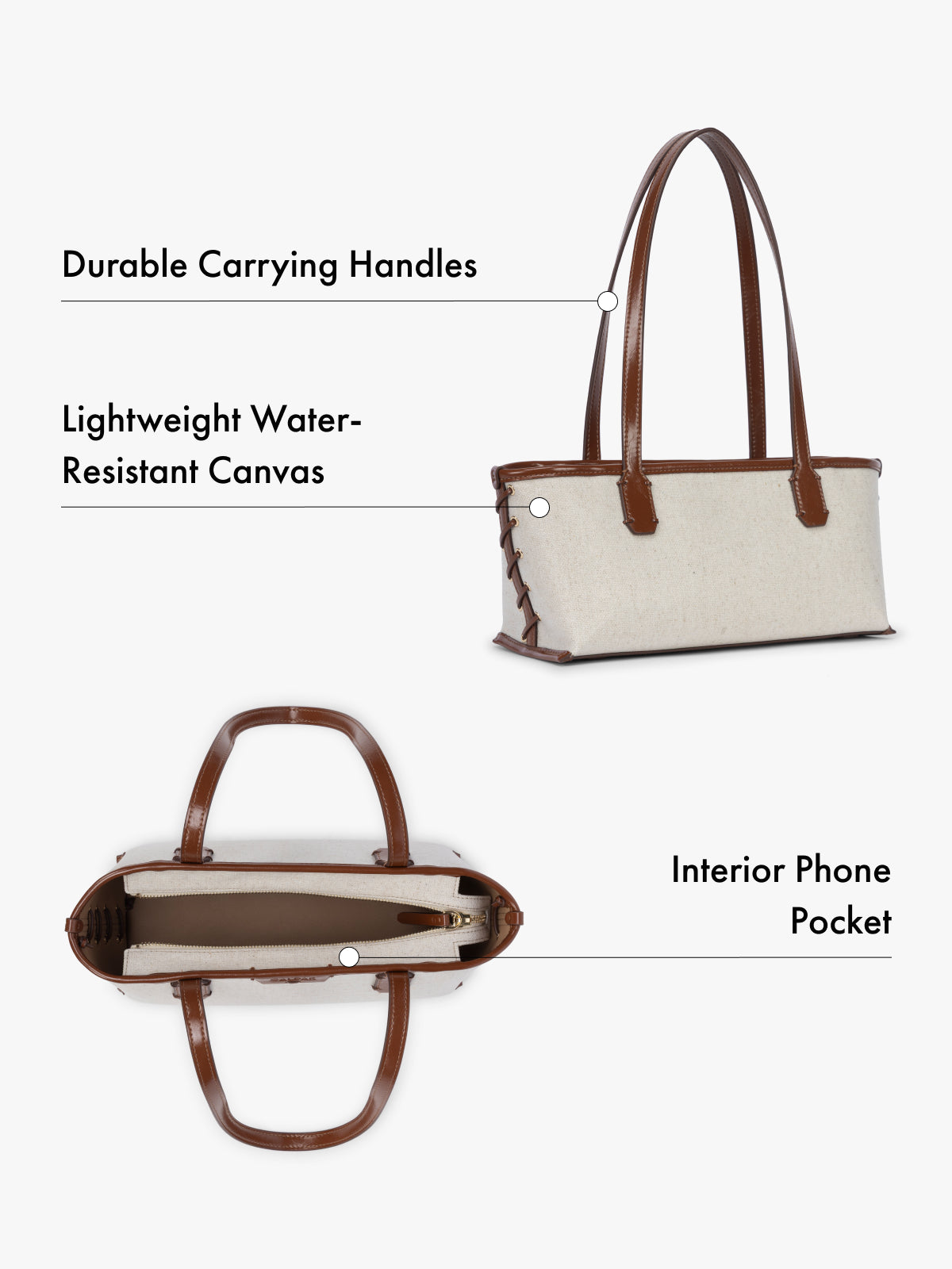 Tote bag with durable carrying handles, lightweight water-resistant canvas, and interior phone pocket on a white background; CLST2601-NATURAL-BROWN
