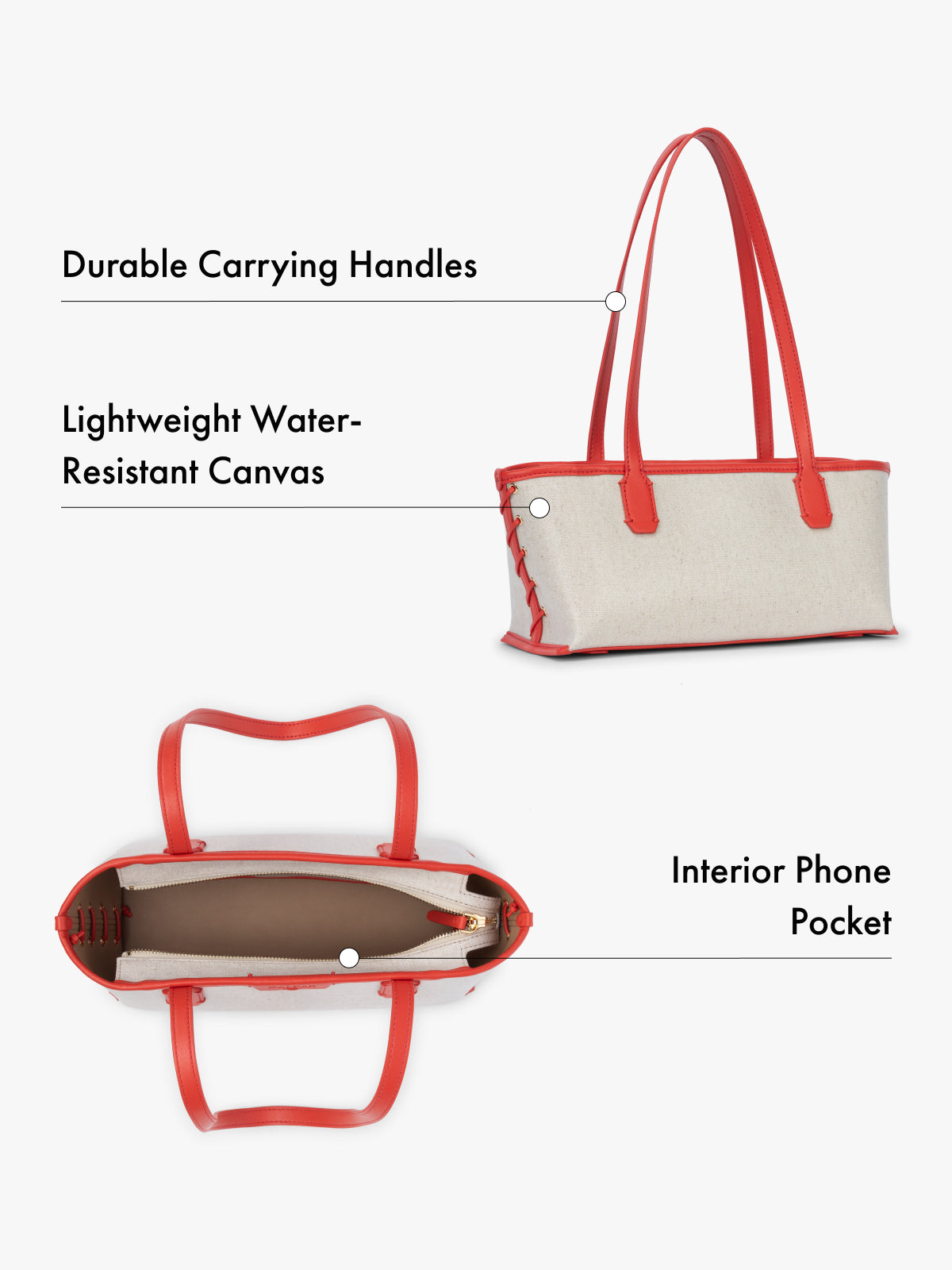 Tote bag with durable carrying handles, lightweight water-resistant canvas, and interior phone pocket on a white background; CLST2601-NATURAL-TOMATO