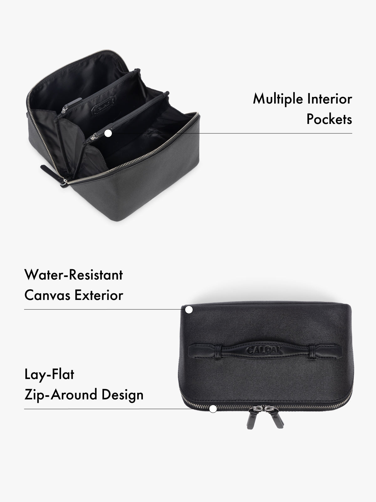 Travel toiletry organizer with multiple interior pockets, water-resistant canvas exterior, lay-flat design features highlighted on a white background; CLTB2601-BLACK
