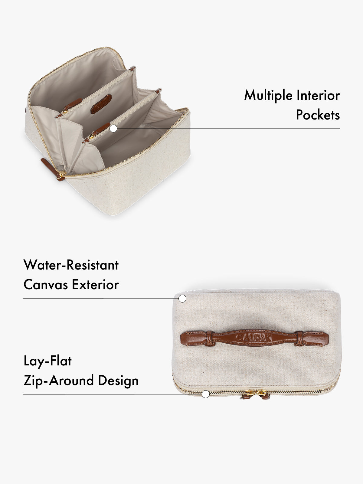 Travel toiletry organizer with multiple interior pockets, water-resistant canvas exterior, lay-flat design features highlighted on a white background; CLTB2601-NATURAL-BROWN