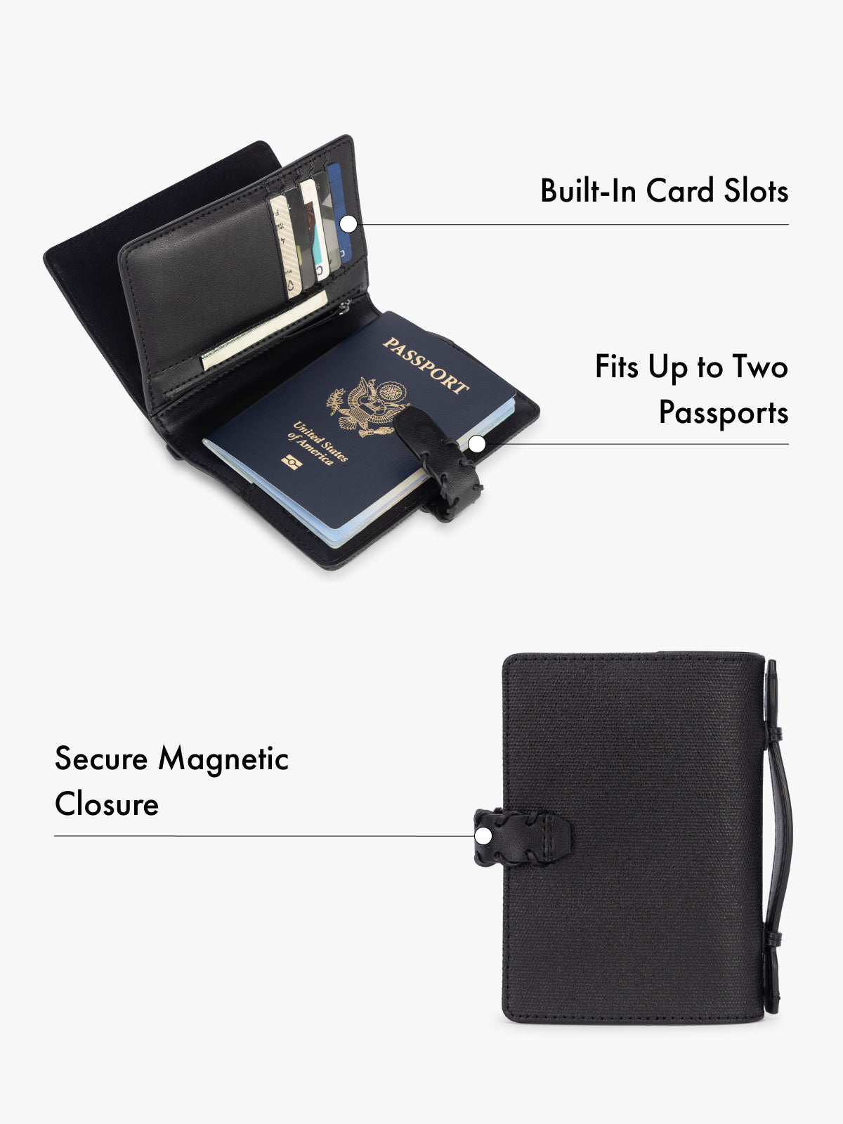 Passport holder with built-in card slots and secure magnetic closure features highlighted on a white background; CLPW2601-BLACK